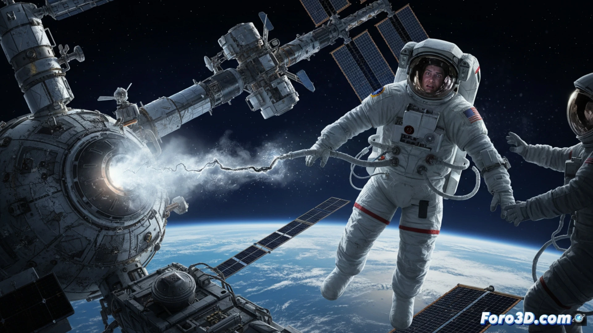 astronaut in a white spacesuit with visible cooling tube rupture near the chest, coolant droplets floating in zero gravity inside the International Space Station airlock, red warning lights flashing on a control panel, mission control screens showing system diagnostics with error alerts, astronaut’s gloved hand reaching for a manual repair kit, metallic tools and spare connectors floating nearby, technical illustration style, photorealistic engineering visualization, dramatic emergency lighting, high contrast shadows, detailed fabric tears and hose connectors, sterile metallic interior of the station module