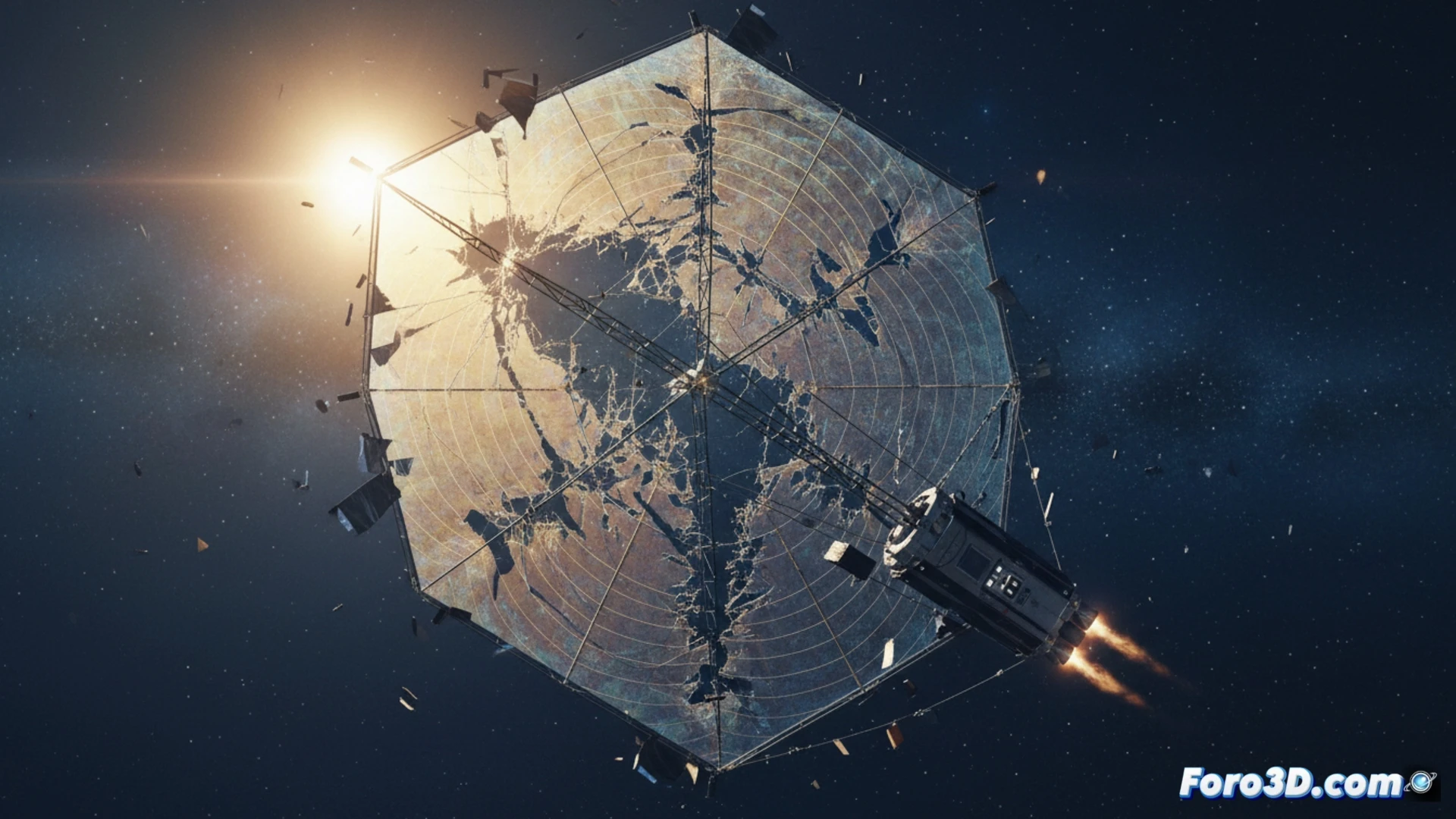 Simulación 3D de vela solar desgarrándose por fallo estructural con ondas de choque en el espacio