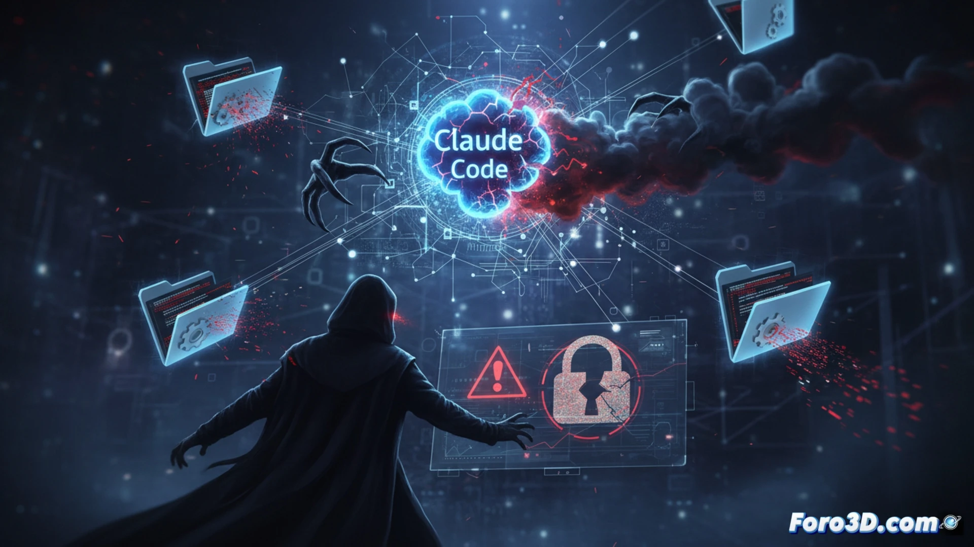 A GitHub repository interface being breached during a code review session, a malicious file disguised as a harmless attachment emerges from a glowing issue ticket, its code lines transforming into metallic chains that wrap around the repository structure, sensitive data streams leaking from exposed folders while unauthorized code injections flash red, the Claude Code AI tool icon shown as a compromised security shield nearby, cinematic cybersecurity visualization, dark mode terminal aesthetic, neon red and blue alert lighting, holographic data fragments floating, ultra-detailed UI elements, photorealistic technical render