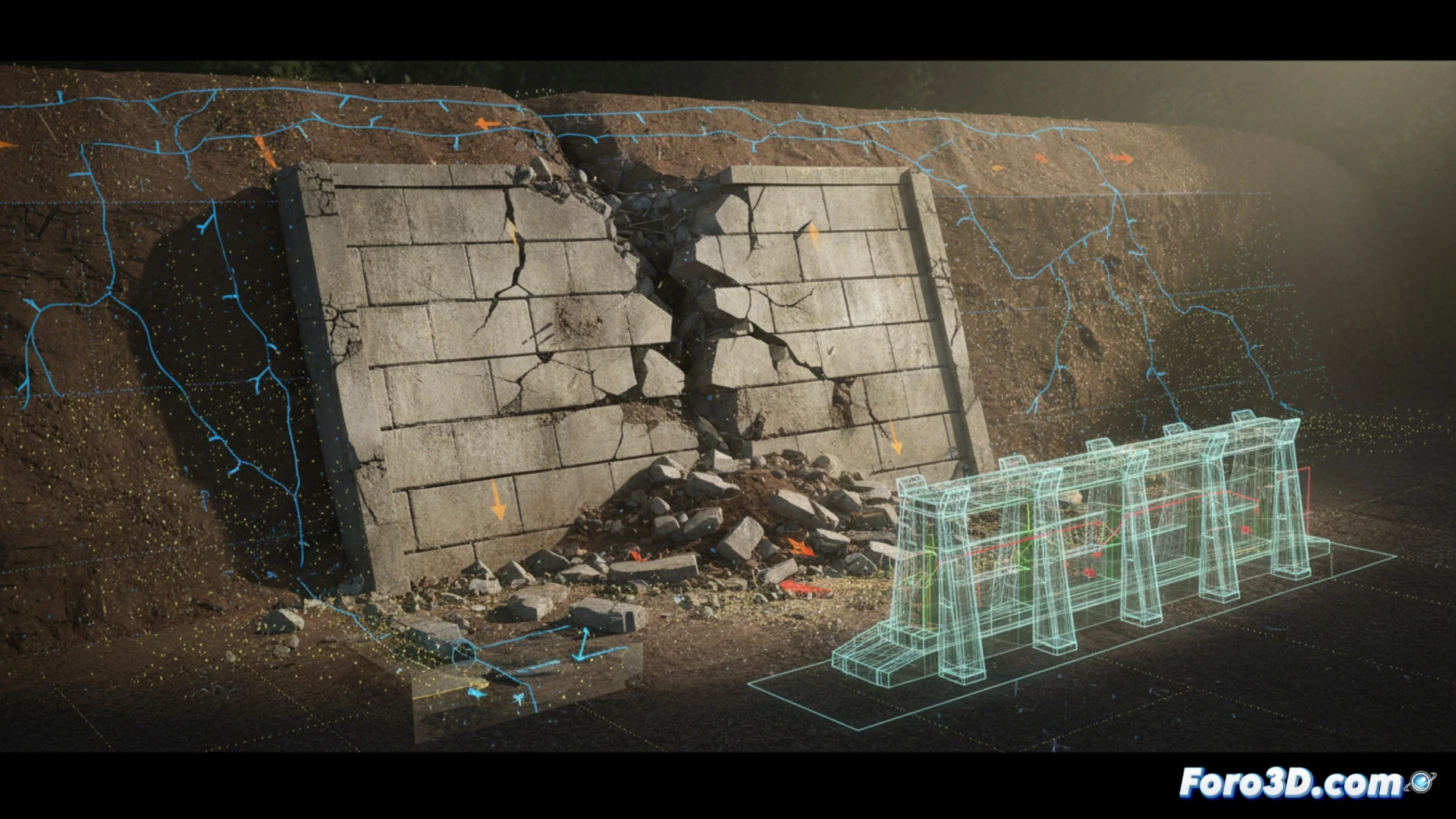 Modelo 3D de muro de contención colapsado con grietas diagonales y desplazamiento del talud en ladera urbana