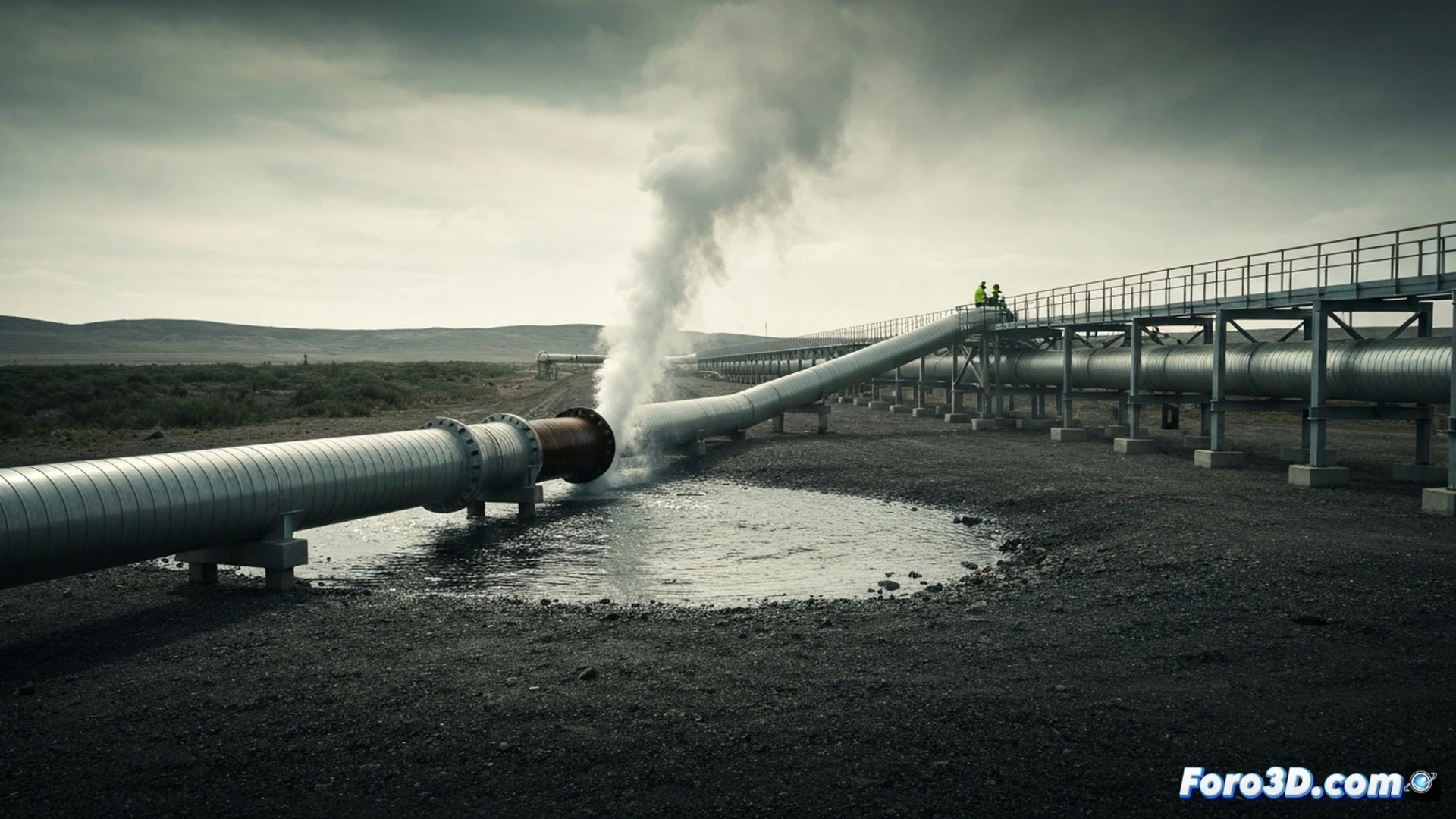 crude oil gushing from a massive pipeline fracture in a muddy riverbank, containment booms being deployed by workers in hazmat suits, a drone overhead monitoring the spill, oily sheen spreading across water, exposed pipe section with visible corrosion and failed weld joint, orange emergency vehicles in background, dramatic overcast sky, photorealistic technical illustration, cinematic lighting with dark storm clouds, high detail on mechanical failure and environmental impact, ultra-sharp textures on steel and oil