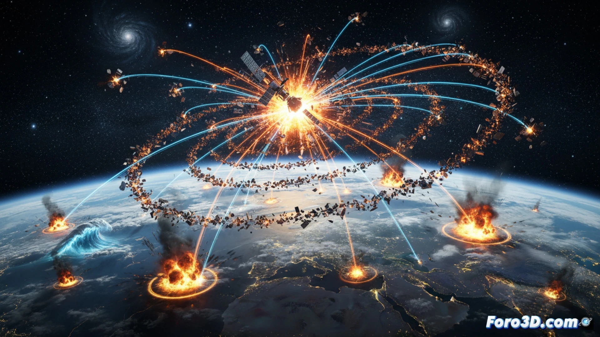 Simulacion 3D de cascada de escombros orbitales impactando contra la superficie terrestre desde el espacio