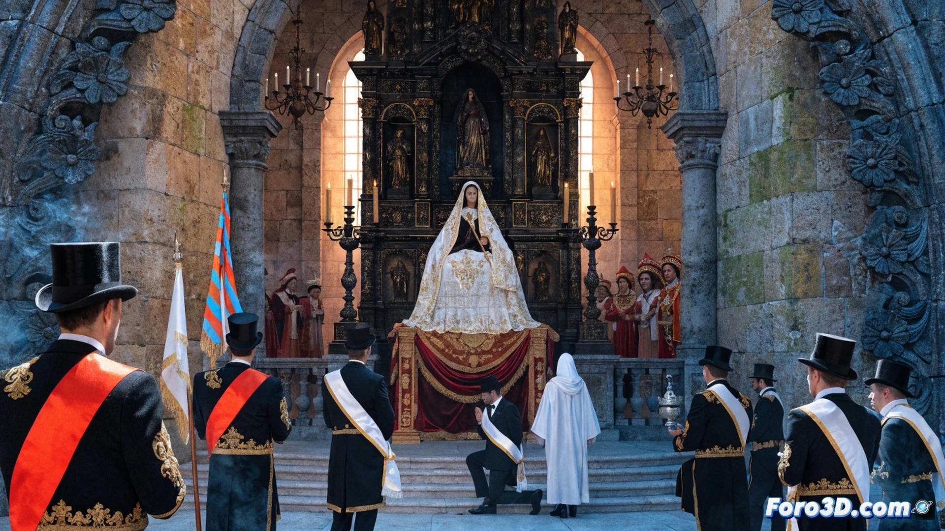 Fallas commission representatives in traditional fallera attire kneeling before the ornate altar of Virgen de los Desamparados, offering a bouquet of white lilies, baroque gold-leafed retablo illuminated by warm candlelight, wooden fallera staffs leaning against the altar rail, architectural details of the basilica dome visible above, cinematic photorealistic rendering, dramatic chiaroscuro lighting, incense smoke curling upward, velvet and embroidered silk textures sharply detailed, reverent stillness capturing ritual action, ultra-realistic cultural documentation style