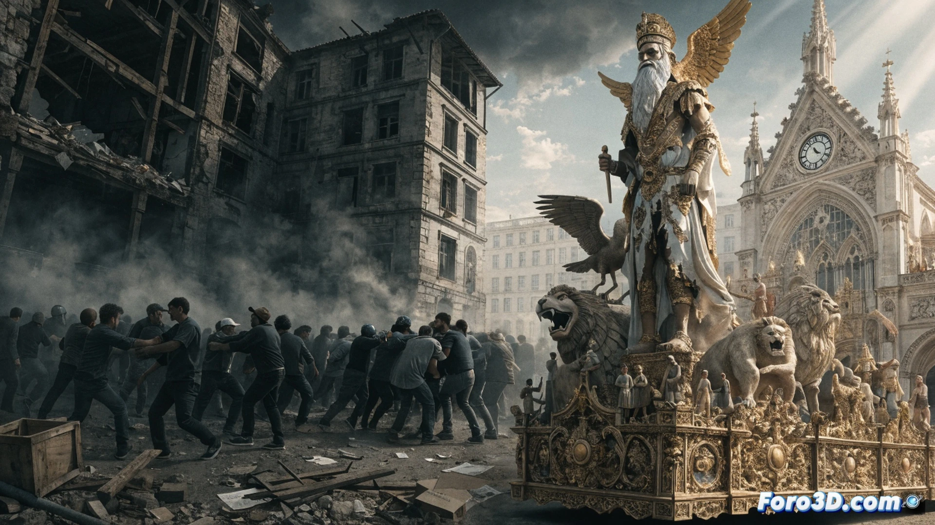 fallas festival monument burning in a town square, two rival neighborhood commissions in heated confrontation, smartphones held high capturing insults for social media, a gavel and legal documents scattered on a table nearby, fireworks sparking dangerously close to a wooden structure, photorealistic cinematic scene, dramatic golden hour lighting, smoke mixing with sparks, tense body language, detailed street textures, baroque architecture in background, hyperrealistic technical illustration