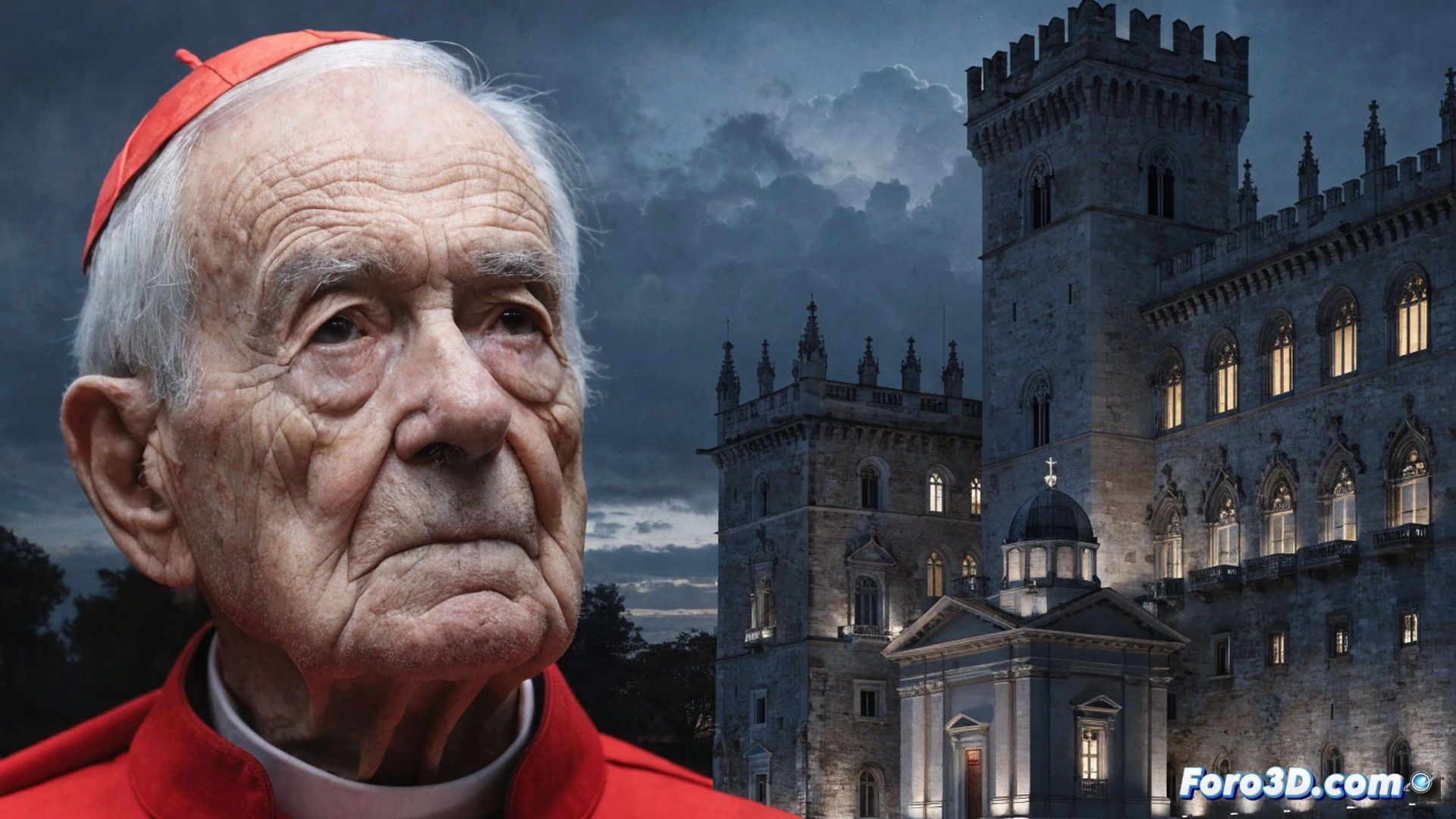 Camillo Ruini cardenal en sotana negra con birrete rojo, sentado en un escritorio de madera oscura, mano derecha sosteniendo un micrófono de conferencia episcopal, mano izquierda apoyada sobre documentos eclesiásticos y una cruz pectoral metálica, fondo de biblioteca vaticana con estantes de libros antiguos, luz tenue de lámpara de escritorio, sombras dramáticas, estilo fotográfico documental, ultra detallado, textura de tela y papel visible, atmósfera solemne y reflexiva