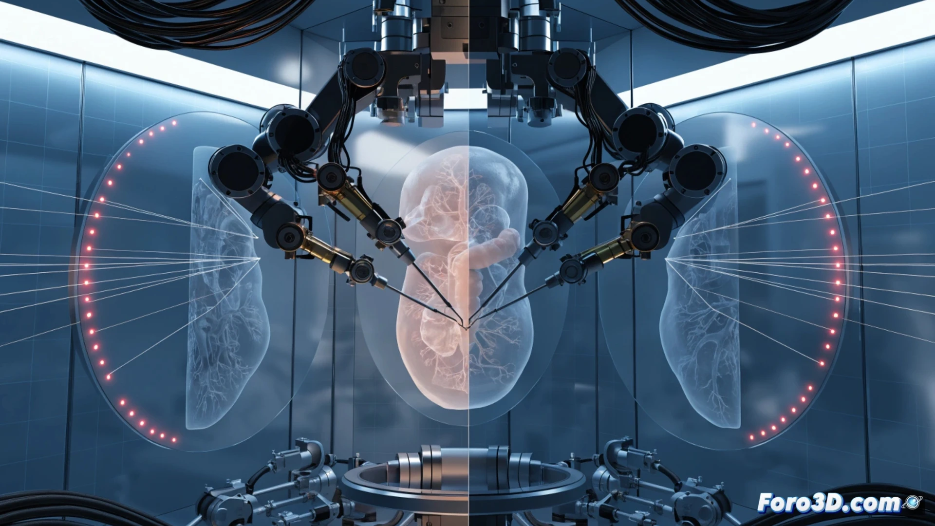 Cobot quirúrgico en operación con modelo anatómico 3D superpuesto para simulación y calibración en tiempo real