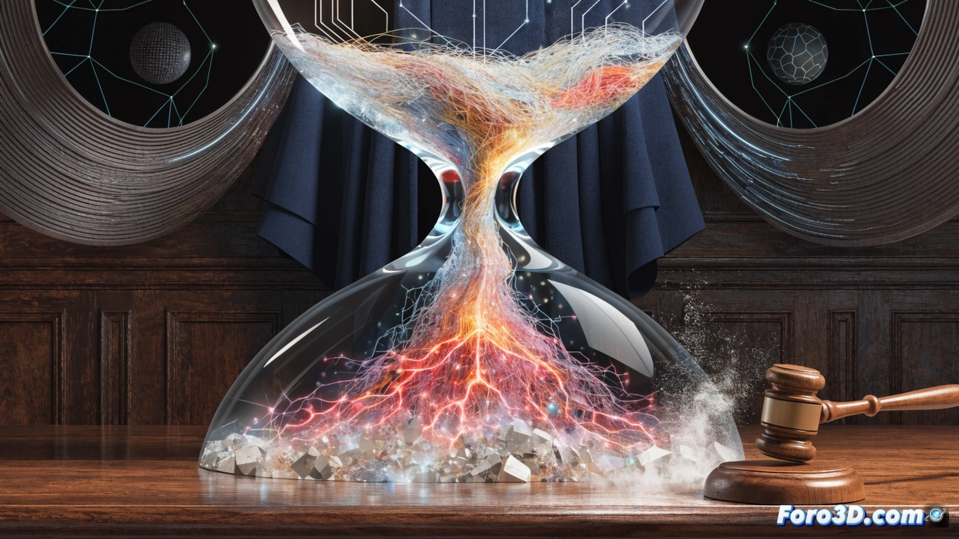 oil rig platform in a courtroom setting, a massive corporate document being stamped with a transparent seal that dissolves into thin air, a judge's gavel hovering mid-swing without striking, data graphs of CO2 emissions glowing on a holographic screen while a chain of zeros and empty ledgers floats beneath, photorealistic technical illustration, cold blue fluorescent lighting, metallic reflections on courtroom benches, dust particles suspended in sterile air, cinematic wide-angle shot, high-contrast shadows, symbolic tension between transparency and consequence