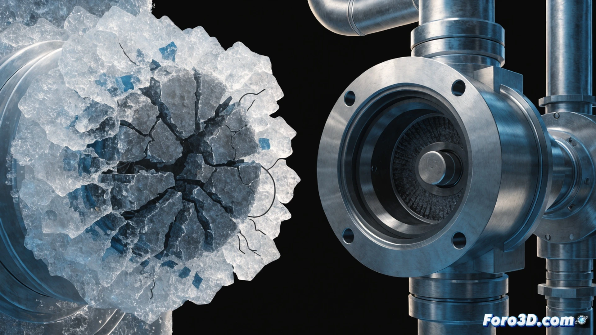 Cryogenic transfer arm coupling failure scene, frozen gasket crack propagating through stainless steel quick-connect joint during LNG loading, ice crystals forming around the fracture zone, 3D laser scanning process with Leica Cyclone equipment positioned nearby, Abaqus finite element simulation overlay showing stress concentration lines across the broken seal, blue-white cryogenic vapor clouds escaping from the rupture, metallic frost coating the transfer arm, photorealistic engineering visualization, dramatic industrial lighting with cold blue tones, ultra-detailed mechanical surfaces, slow-motion action showing the moment of brittle fracture