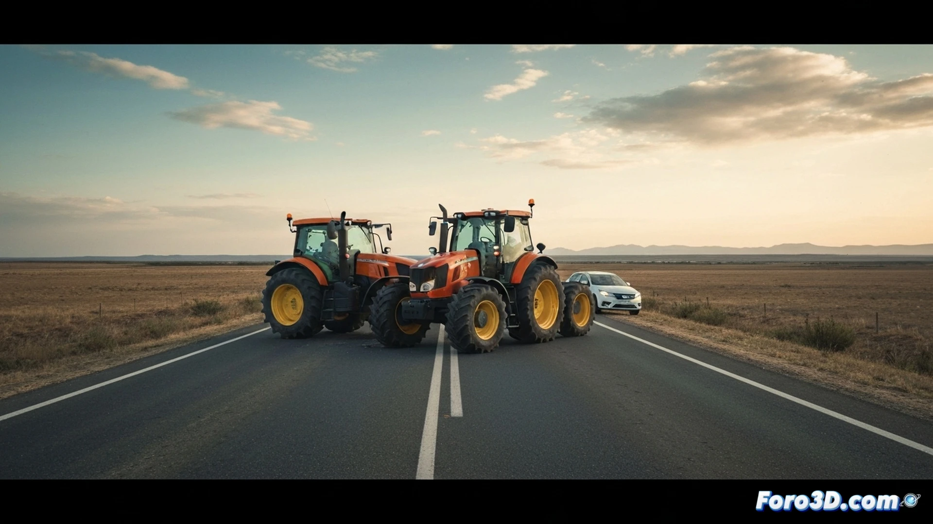 Autonomous tractor veering off programmed path into a rural secondary road during collision sequence, front wheel angled sharply due to steering actuator failure, telemetry data visualisation overlays showing navigation error vectors in red, 3D kinematic model wireframe of tractor and small car projected onto real terrain scan, forensic engineers analysing crash site with lidar scanner and tablet showing diagnostic software, cinematic engineering visualization, dramatic sunset lighting casting long shadows, dust cloud from impact, photorealistic technical render, ultra-detailed mechanical components and road surface texture