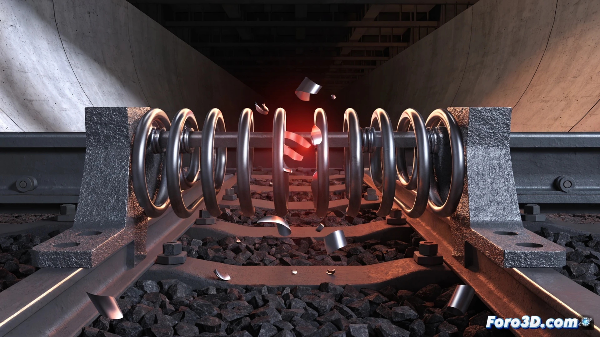 fracture initiation inside a railway coil spring during finite element simulation, cross-section view revealing latent material defect at micro-crack propagation point, Ansys Workbench interface elements floating nearby, Artec Studio 3D scan mesh overlaying spring geometry, stress concentration zones highlighted in red and orange heat map, cinematic engineering visualization, polished metallic surface, subtle vibration blur, realistic lighting from multiple angles, ultra-detailed mechanical texture, photorealistic technical render