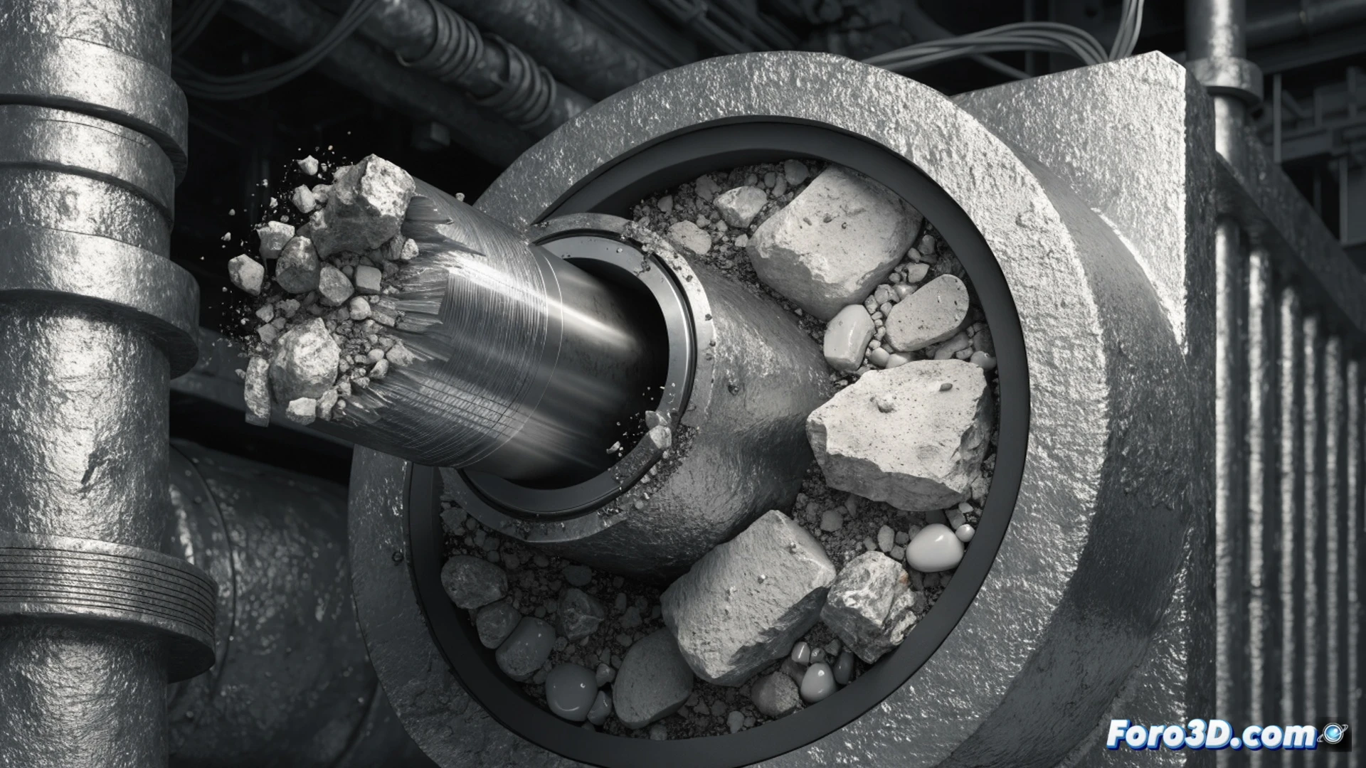 industrial cylinder rod failure scene, molten steel splashing from casting mold, small slag particles flying toward pneumatic actuator seal area, cross-section view of cylinder showing abrasive slag particles entering between rod and seal, 3D CAD model interface of cylinder assembly on screen in background, simulation software windows showing stress analysis on rod surface, metallic grey cylinder with polished rod, orange glowing slag specks embedded in seal groove, photorealistic engineering visualization, dramatic foundry lighting with orange and blue tones, ultra-detailed metal textures, cinematic technical illustration style