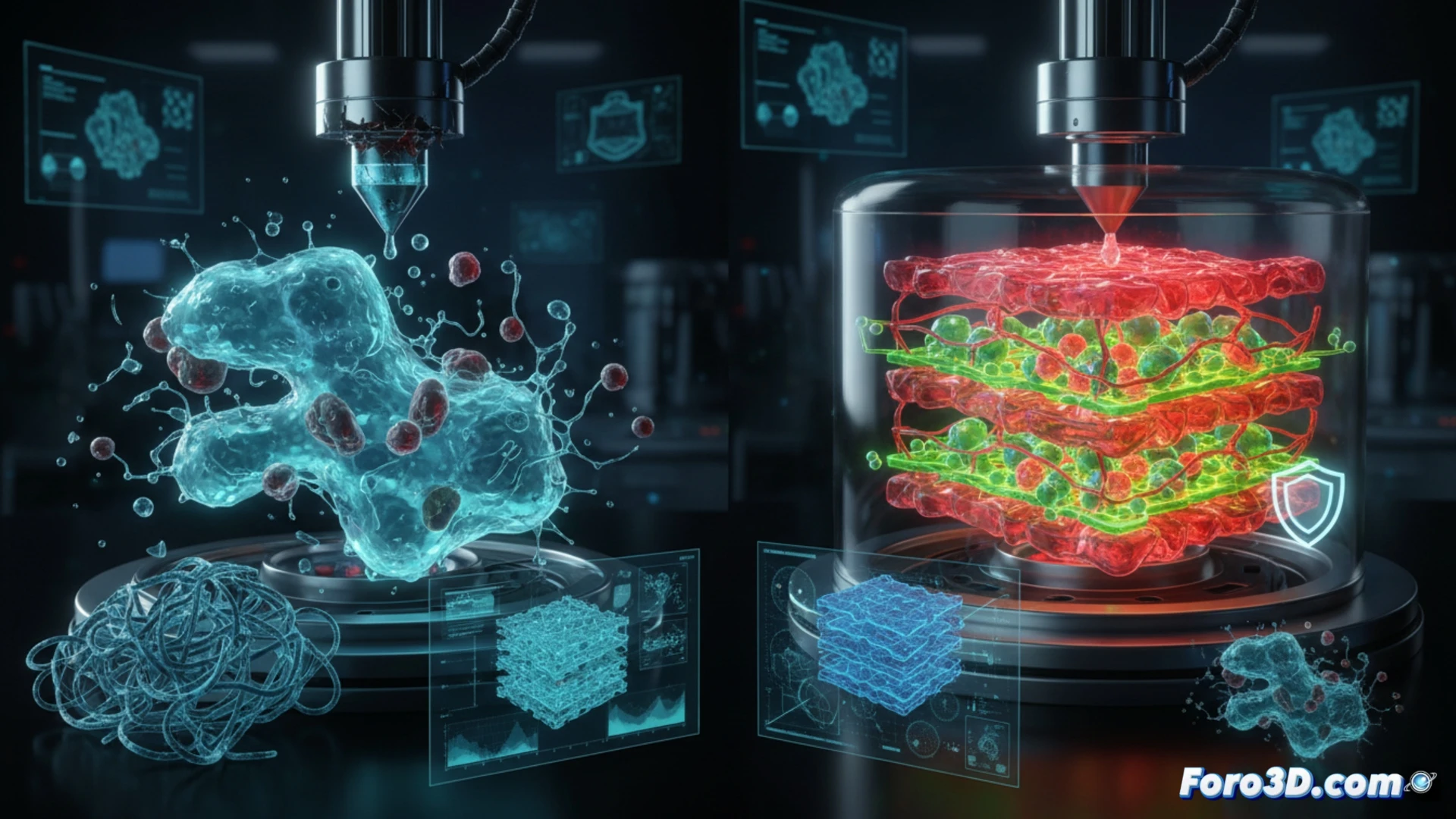 [Fallo en bioimpresora 3D mostrando hidrogel colapsado en andamio celular con detalle de boquilla obstruida]