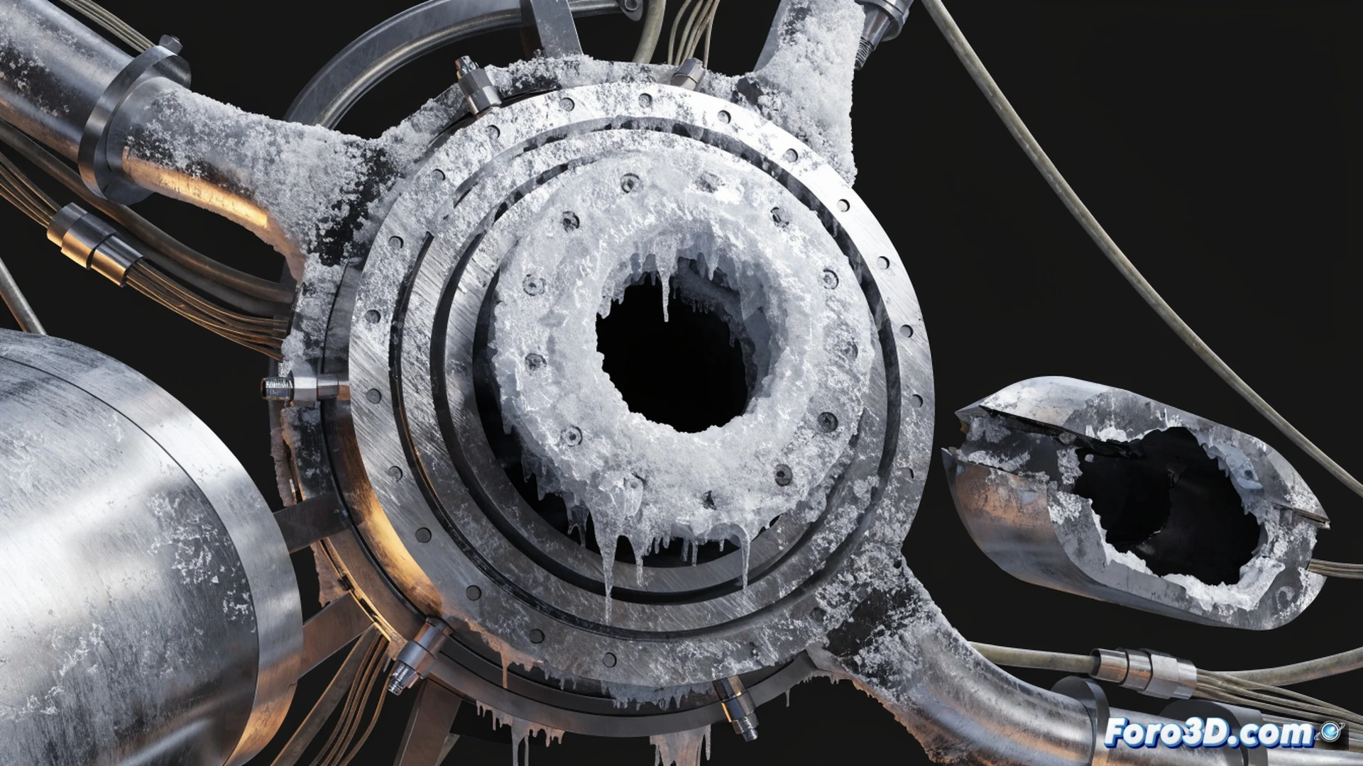 Fallo en brazo de GNL durante carga criogénica, junta giratoria congelada con grietas visibles en el sello metálico, hielo blanco formándose alrededor de la unión mientras vapor criogénico escapa en nubes densas, brazo articulado industrial inclinado con mangueras flexibles congeladas, técnicos con cascos y equipo de protección observando desde plataforma de seguridad, estación de monitoreo con pantallas mostrando datos de temperatura y presión en rojo, grúa portuaria al fondo, iluminación nocturna con focos amarillos y sombras duras, estilo cinematográfico hiperrealista, render técnico de ingeniería con detalles de corrosión y fractura, texturas metálicas rugosas, ambiente industrial frío y húmedo