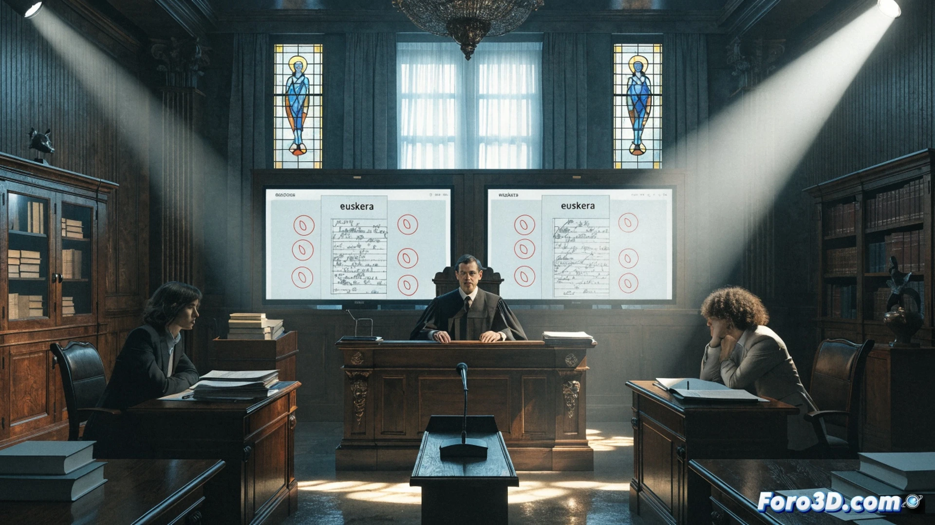 Three exam papers with handwritten euskera answers being digitally scanned, a large zero symbol glowing red over a tribunal seal, broken anonymity detection system showing error code on monitor, scale of justice tilted with one side empty, students walking through university gates while one paper floats away, cinematic technical illustration, dramatic courtroom lighting, photorealistic document texture, forensic detail on ink smudges and paper grain, ultra-sharp focus on legal stamps and scanner components
