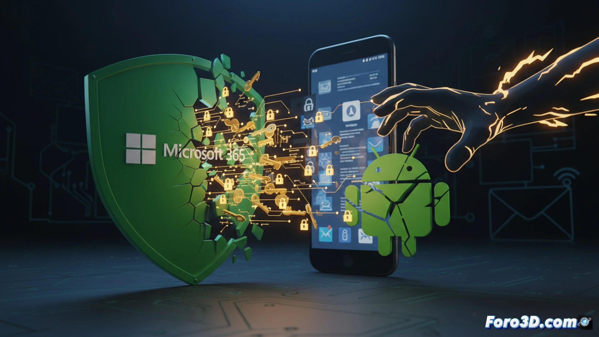 Smartphone Android abierto mostrando pantalla de Microsoft 365 con código malicioso fluyendo desde una app tercero hacia los datos de usuario, iconos de candado roto brillando sobre correos y documentos, fondo oscuro con líneas de código fuente erróneo resaltadas en rojo, proceso de robo de claves demostrado mediante flechas digitales punteadas, dispositivo semi-transparente revelando arquitectura interna de procesador y memoria, estilo cinematic technical illustration, iluminación dramática azul y roja, texturas metálicas y de circuito, photorealistic render