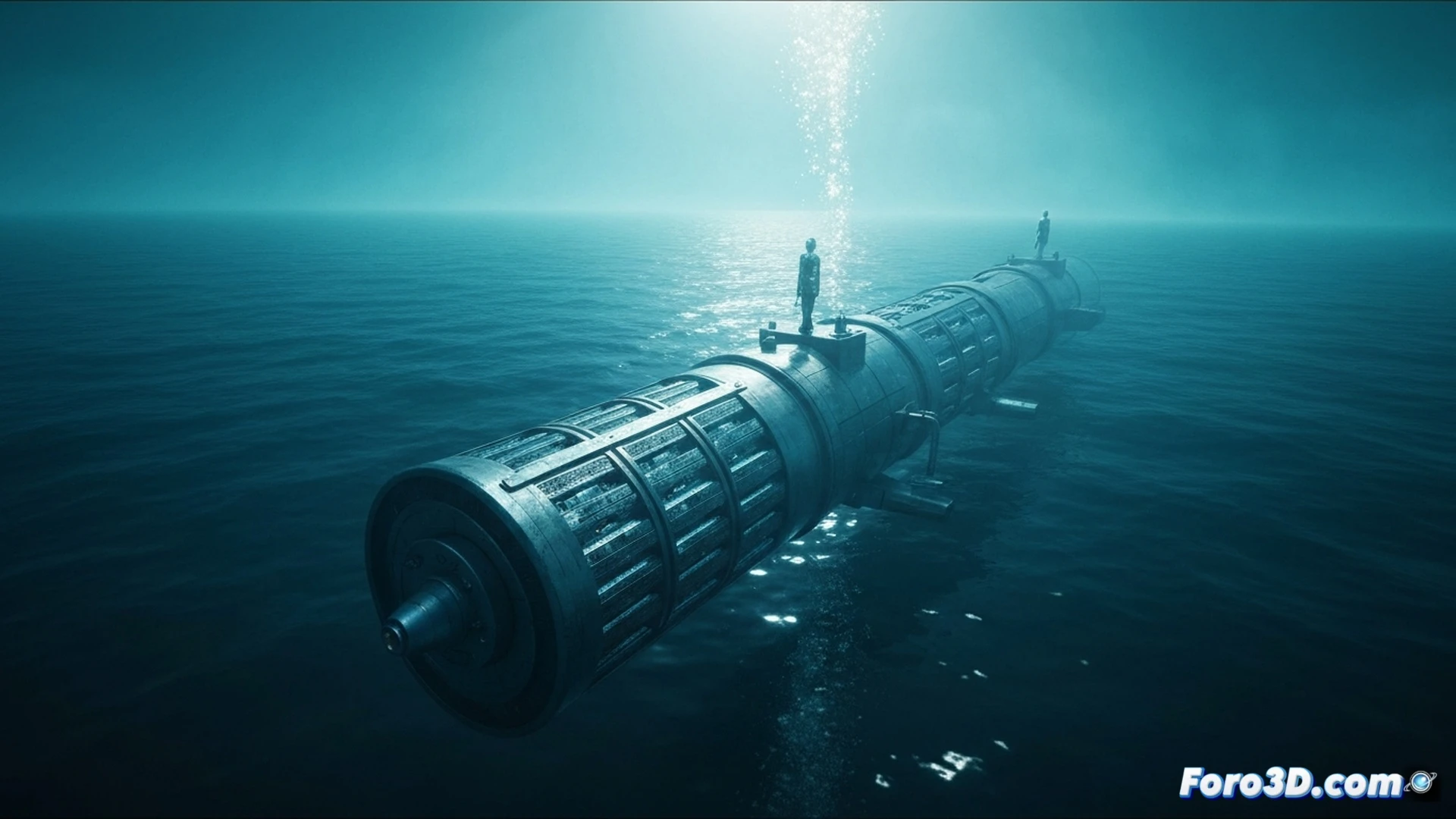 Submerged data center server rack failure, coolant leaking from cracked pipes across titanium casing, technicians on shore monitoring holographic thermal scan of underwater module, red warning indicators flashing on control panel, deep ocean darkness outside reinforced glass dome, bubbles rising from overheating hardware, engineering visualization style, sleek metallic surfaces with condensation, dramatic blue emergency lighting, realistic underwater caustic reflections, ultra-detailed cable management systems, photorealistic technical render
