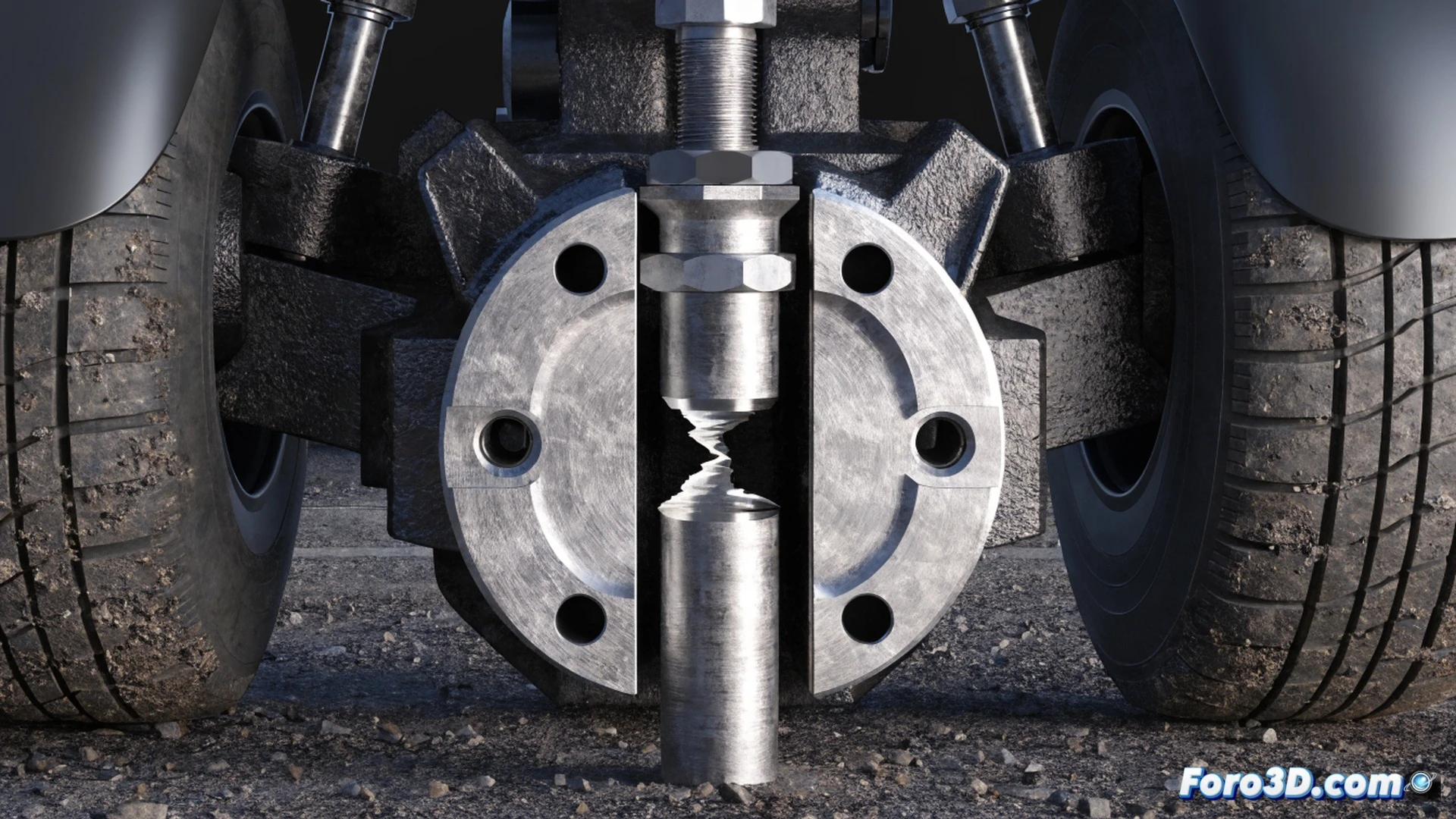 close-up technical visualization of aircraft landing gear mechanism during rough runway impact, king pin bolt experiencing shear deformation under dynamic load, metallic fracture lines propagating through bolt cross-section, stress concentration zones shown with color-coded heat map overlay, cracked bushing and misaligned locking assembly, engineering simulation interface elements floating around the scene showing load vectors and displacement curves, photorealistic industrial render with brushed steel textures, dramatic directional lighting highlighting crack initiation point, Creo Simulate analysis data visualized as wireframe stress contours, cinematic technical illustration style