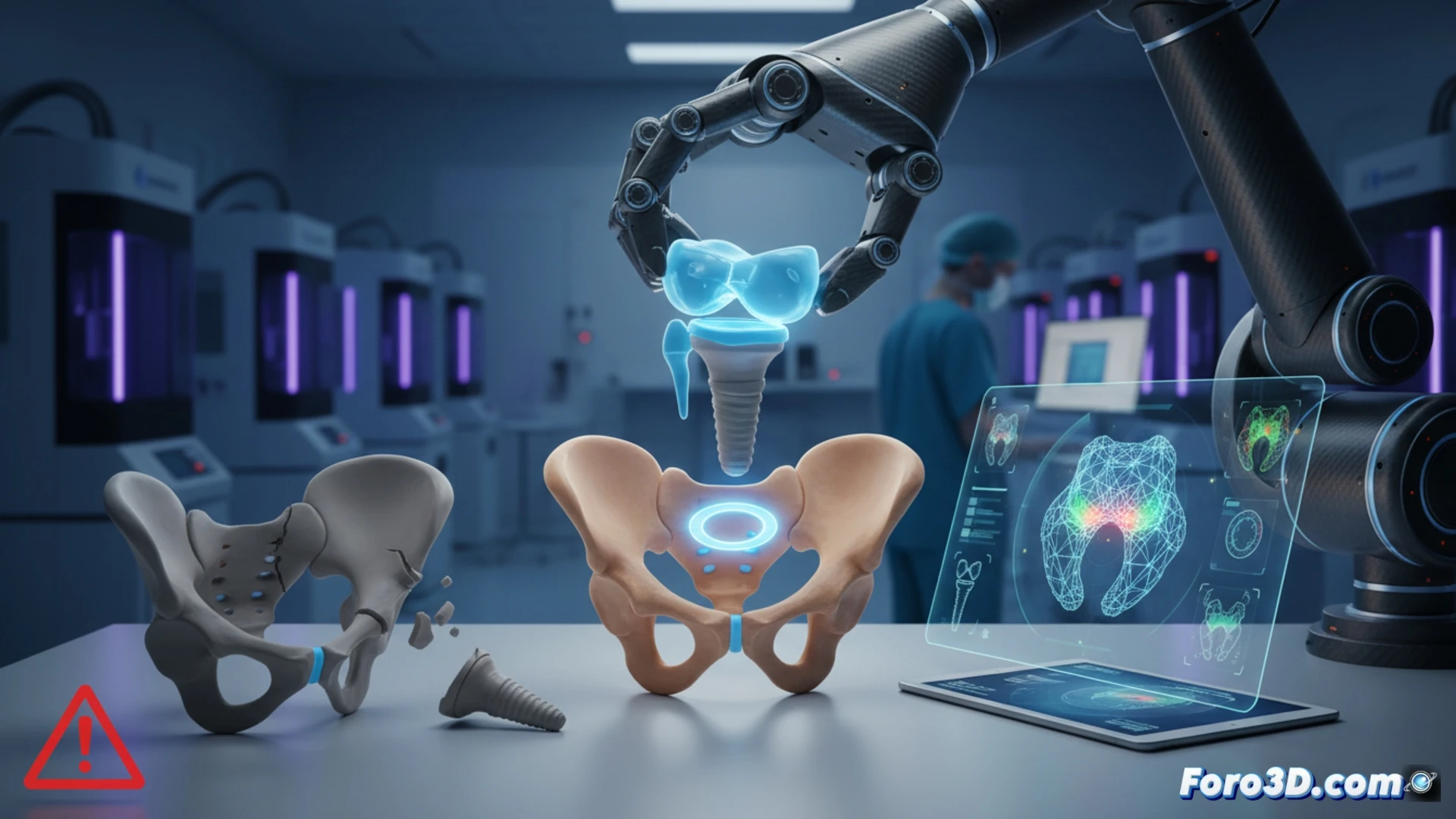Prótesis de cadera personalizada fabricada con impresión 3D médica, mostrando precisión biomecánica y ajuste perfecto