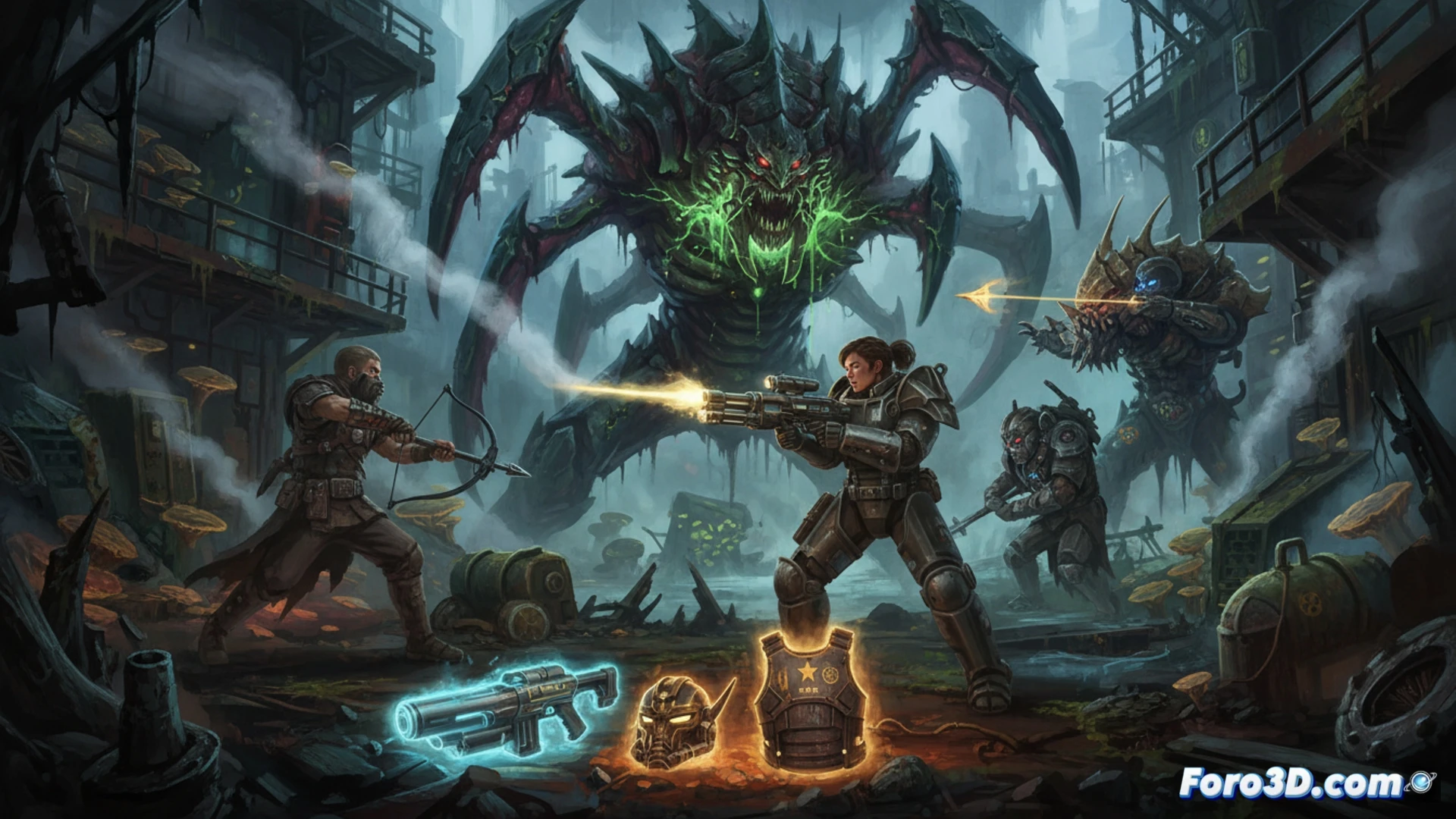post-apocalyptic wasteland landscape, mutated giant radscorpion and super mutant warlord attacking a player character in reinforced power armor, energy weapon muzzle flash lighting up the scene, legendary glowing enemy with four-star loot icon floating above its corpse, broken vault-tec machinery and rusted car wreckage in background, cinematic action shot, dynamic combat pose, smoke and dust particles in air, dramatic sunset lighting, photorealistic technical illustration, high detail on armor scratches and weapon mods, particle effects from plasma shots