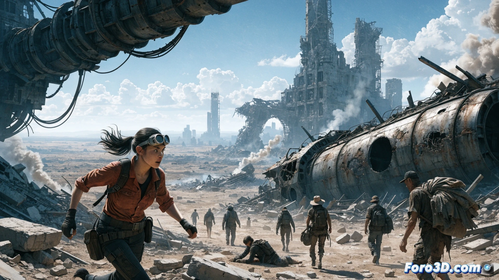 post-apocalyptic wasteland surface scene, a woman in a blue vault jumpsuit emerging from a rusted metal bunker door, desert radiated landscape stretching behind her, broken highway signs and wrecked vehicles scattered, dust particles floating in harsh sunlight, her hand gripping a pipe wrench while scanning the horizon, faction flags torn on a distant collapsed building, cinematic photorealistic style, dramatic chiaroscuro lighting, gritty texture on concrete and metal surfaces, wide-angle lens depth of field, action frozen during the moment of first exposure to the broken world, ultra-detailed environmental decay