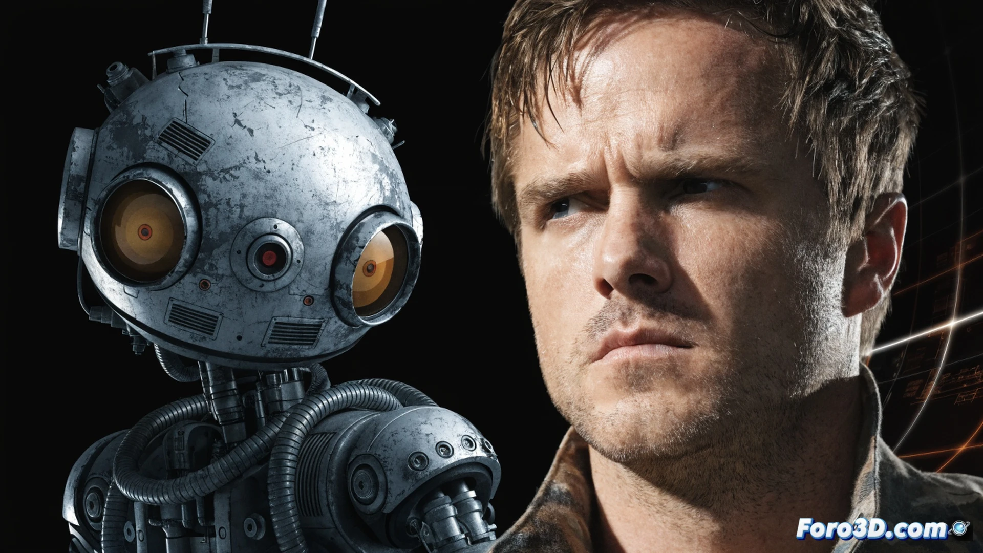 Mr. Handy robot arm repairing a vault terminal while Aaron Paul in vault suit observes, glowing green solder sparks from damaged circuitry, robotic eye scanning data on cracked screen, concrete bunker walls with exposed wiring, dust particles in dramatic light beam, cinematic photorealistic technical illustration, industrial emergency lighting, mechanical claw gripping a microchip, steam venting from floor grates, post-apocalyptic engineering workshop