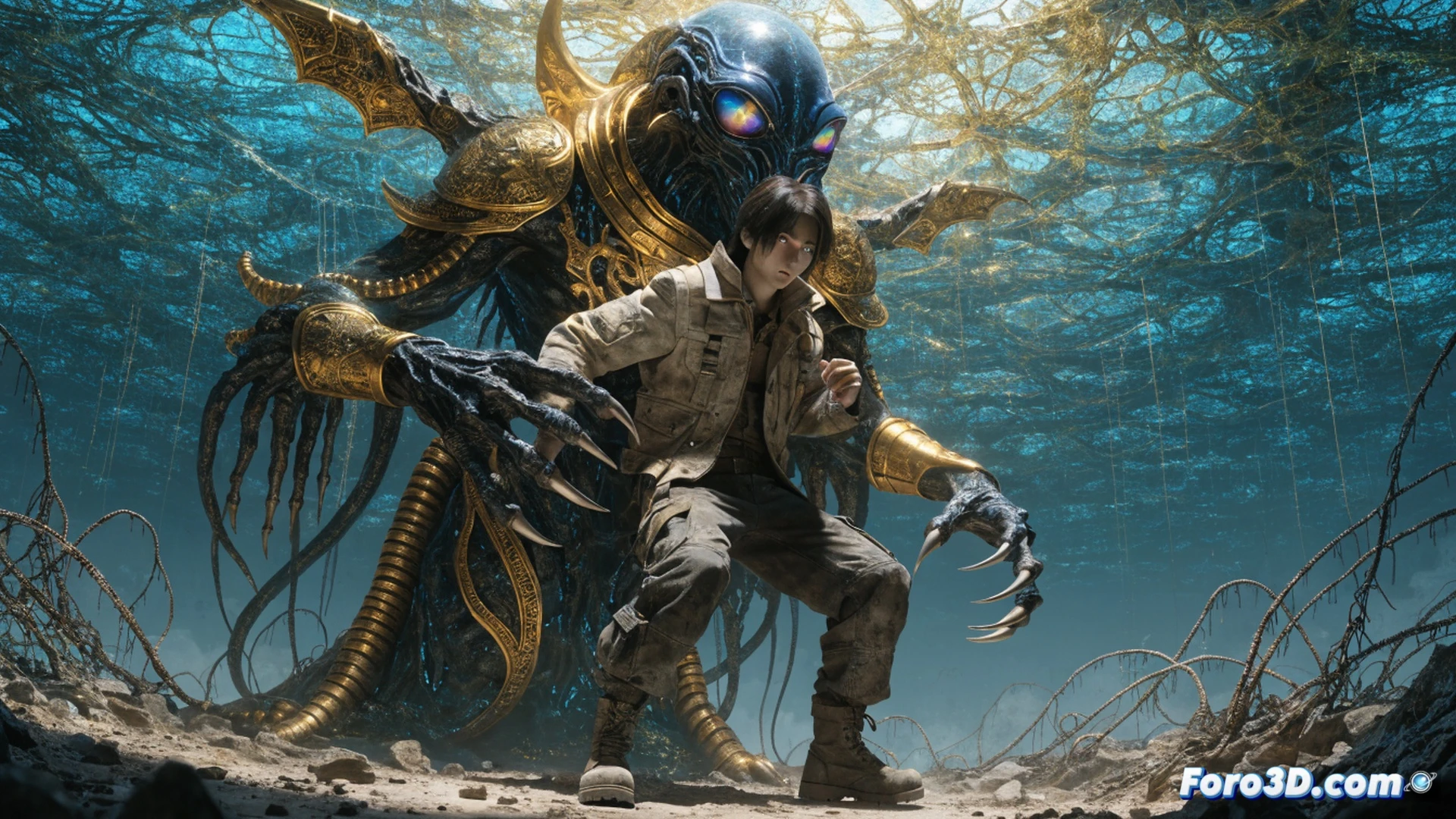 alien creature with glowing tendrils cradling a small human wearing a torn spacesuit, floating debris of invisible toxic waste shimmering with neon edges, human reaching toward a broken mechanical device while the creature offers a glowing orb, surreal sci-fi landscape with bioluminescent plants and metallic ruins, cinematic digital painting style, dramatic chiaroscuro lighting, volumetric fog, ultra-detailed alien textures, photorealistic character rendering, emotional tension between dependency and defiance, wide-angle composition showing vast hostile environment