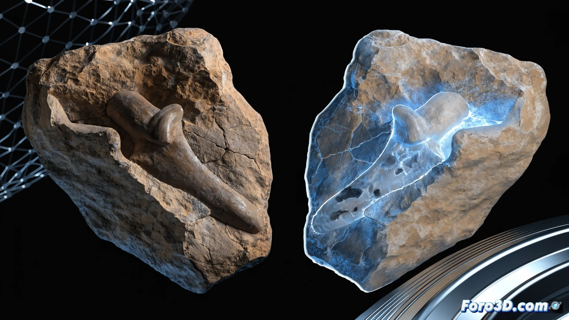 photorealistic technical illustration of a fossil forgery process, micro-CT scanning a trilobite fossil in a medical-grade scanner, digital 3D model appearing on a monitor with VGSTUDIO MAX interface, sintering machine printing a polymer replica layer by layer, paleontologist comparing real and fake fossils using Geomagic Control X software on a dual-screen workstation, glowing crosshairs highlighting internal pore structures, industrial laboratory lighting, metallic and plastic textures, precise engineering visualization, cinematic depth of field