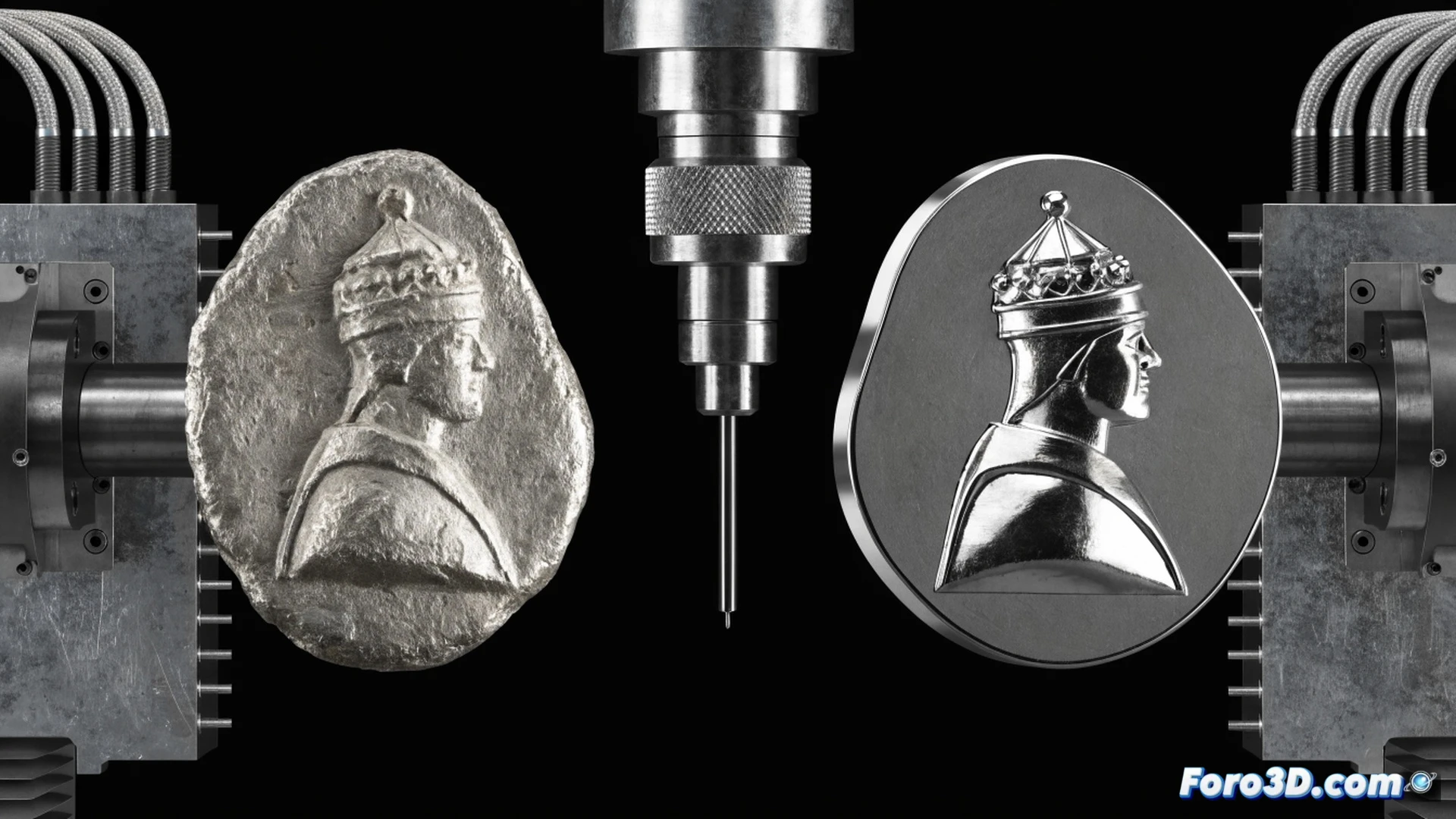 CNC milling machine carving a lead papal bulla seal, microscopic metal shavings flying from high-speed rotating bit, replica mold clamped in precision vice, computer screen displaying 3D CAD model with toolpath overlay, forensics lab with magnifying lens and ultraviolet light examining the forged surface, photorealistic technical illustration, dramatic cold metallic lighting, extreme macro detail on engraved lettering and cracked patina, industrial workshop background blurred, hyper-detailed mechanical action, cinematic engineering visualization
