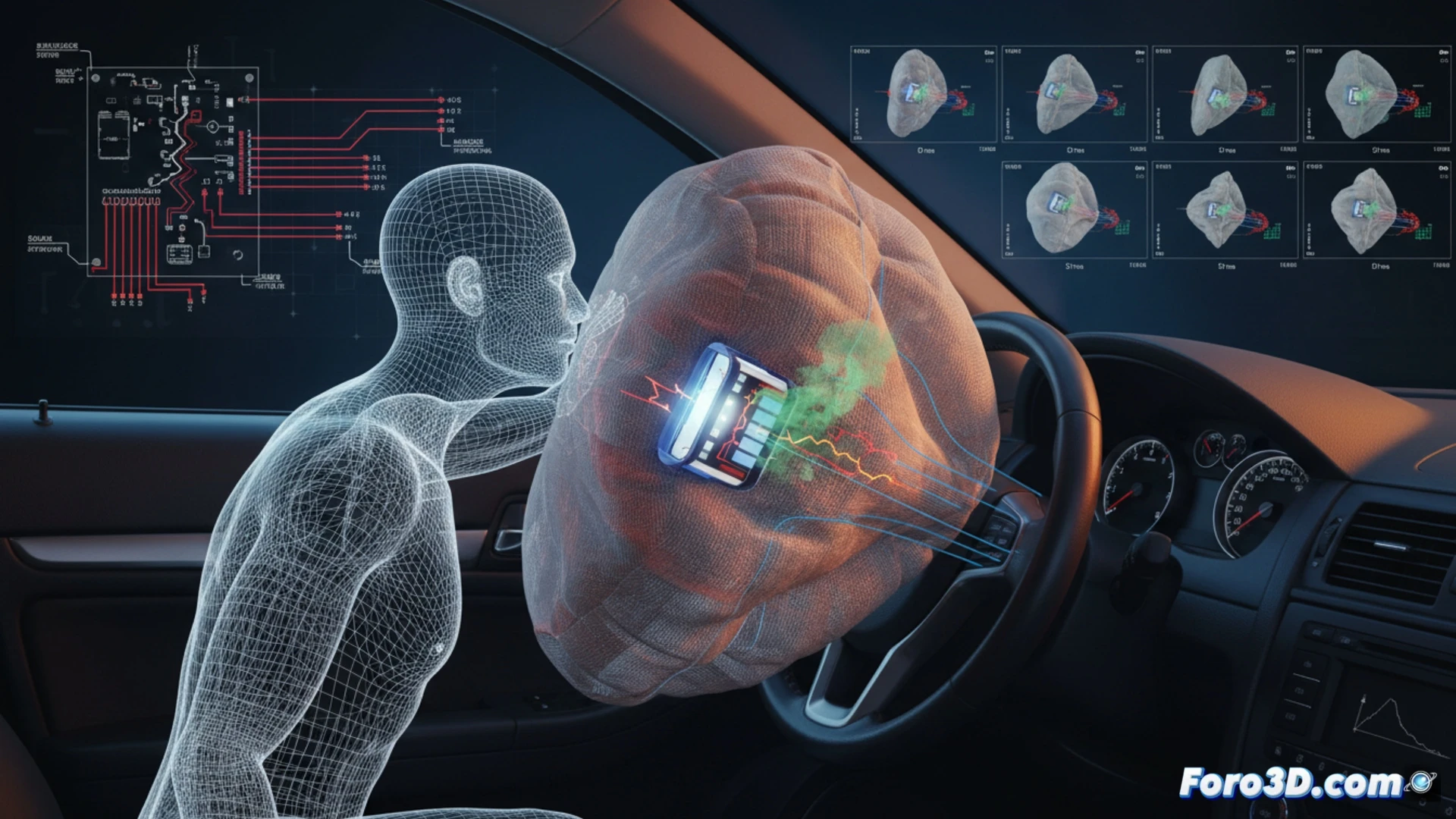 Simulacion 3D de airbag desplegandose con fallo asimetrico en vehiculo, analisis de presion y cinematica del tejido