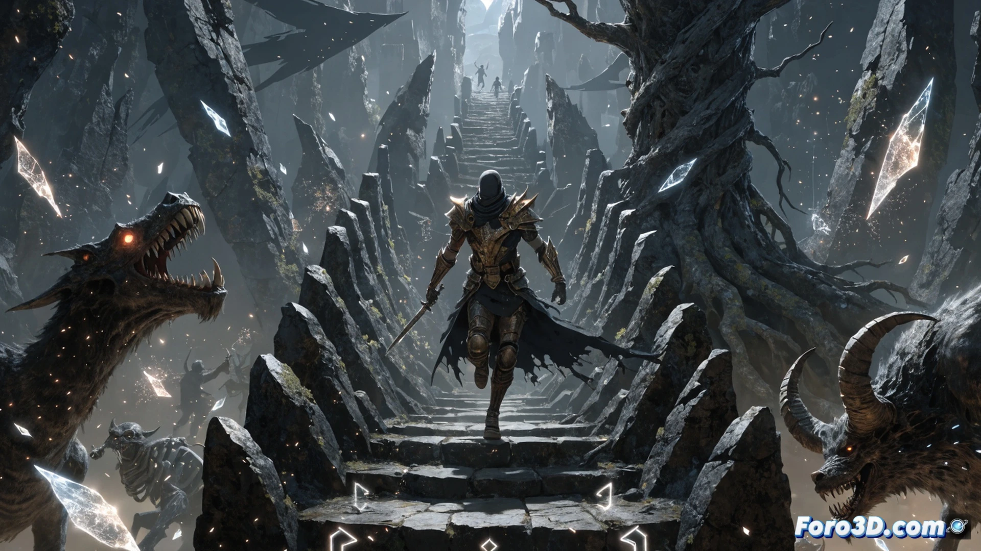 Pixel-art endless runner scene, small hooded Nightfarer character mid-jump over a crumbling stone bridge in a dark fantasy landscape, swinging a glowing blade at a towering skeletal monster with red eyes, golden rune fragments floating in the air, parallax background showing misty Elden Ring ruins and a crimson moon, 8-bit style with modern lighting effects, motion blur on falling debris, particle trails behind runes, gritty stone textures, retro game aesthetic with cinematic depth of field, ultra-detailed sprite work, nostalgic arcade atmosphere