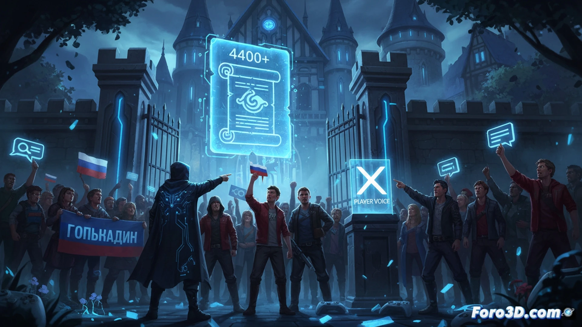 gaming community protest scene, russian flag waving over a crowd of players holding smartphones displaying a digital petition form, fingers pressing submit button on a screen showing a checklist of language options with russian highlighted, game controller resting on a table with a cracked globe icon, cinematic documentary style, dramatic lighting from monitor glow, realistic crowd shadows, emotional tension visible in clenched fists, photorealistic technical illustration
