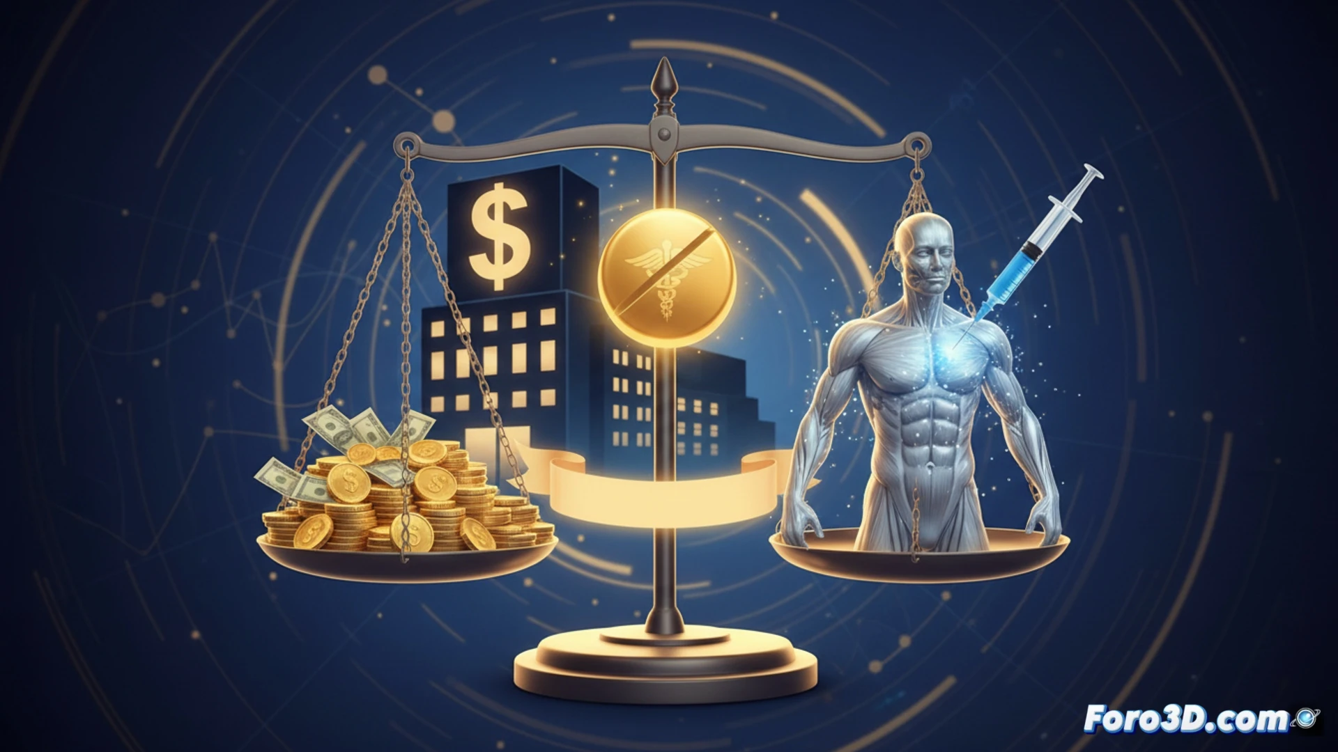 pharmaceutical laboratory scene, a digital scale showing equal weight for two vials labeled with muscle and fat icons, a syringe injecting a glowing blue liquid into a vial marked with a dollar sign and patent symbol, while a shadowy hand removes muscle fibers from one side, photorealistic technical illustration, clinical white lighting, metallic laboratory tools, glass vials with reflective surfaces, precise medical equipment, dramatic contrast between the glowing drug and dark financial symbols, ultra-detailed pharmaceutical environment, cinematic macro shot