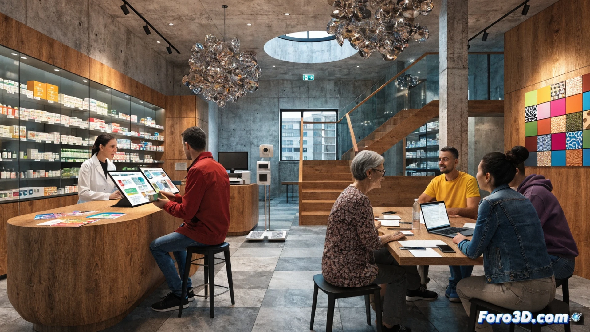 farmacia moderna en Euskadi, mostrando a una persona mayor recibiendo información sobre salud en una pantalla táctil interactiva mientras un farmacéutico señala un mapa de recursos sociales del barrio, estanterías con productos de prevención y bienestar, luz natural entrando por un ventanal, colores cálidos y acogedores, ambiente comunitario, fotorealismo cinematográfico, texturas detalladas de madera y vidrio, enfoque nítido en la interacción humana, iluminación suave y profesional