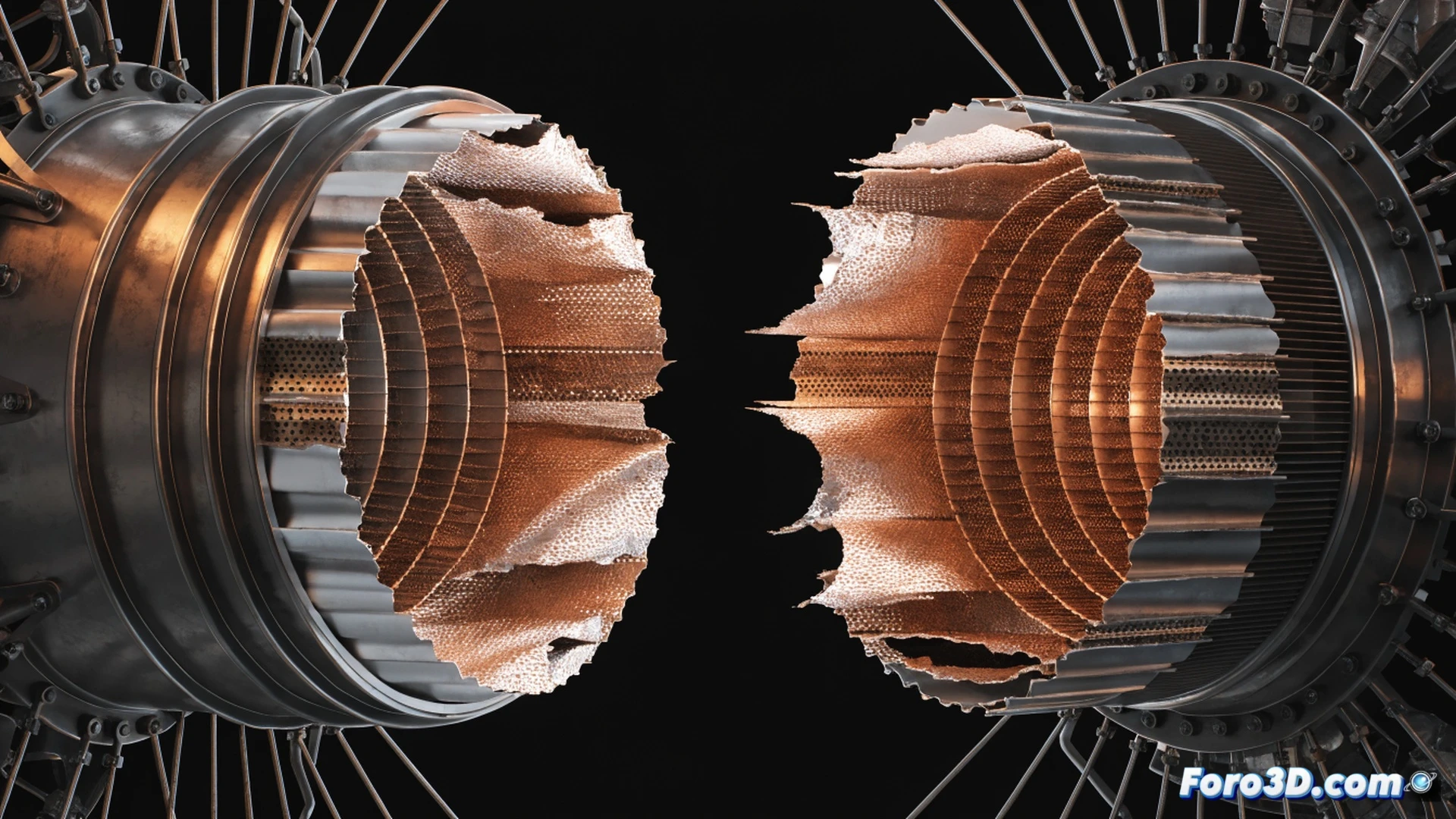 turbocompresor silenciador sección transversal, panel absorbente desprendiéndose por fatiga acústica, ondas de alta frecuencia visibles como líneas de presión pulsante doradas, delaminación progresiva mostrando capas de material separándose, herramienta de escaneo 3D Agisoft Metashape procesando nube de puntos sobre el componente, simulación Ansys con mapa de tensiones en tiempo real, fondo oscuro industrial, iluminación dramática azul-naranja, texturas metálicas desgastadas, estilo photorealistic engineering visualization