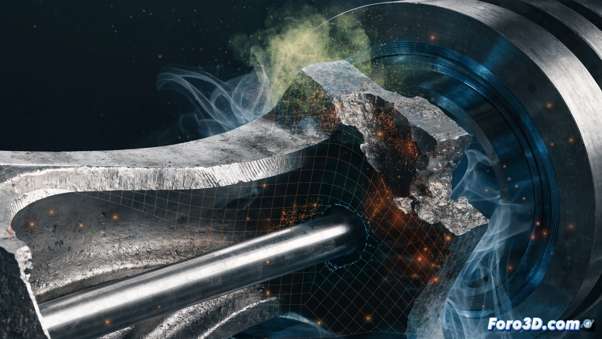 fatigue fracture analysis of a wave ride connecting rod, broken steel component clamped in a scanning fixture while a 3D laser scanner captures crack surface geometry, adjacent monitor displaying Cyclone simulation with stress contour heat map and Simpack multibody dynamics showing oscillating load cycles, engineering visualization style, metallic fracture surface with visible beach marks and striations, dark background with focused studio lighting on the fracture zone, ultra-detailed mechanical failure morphology, photorealistic technical render