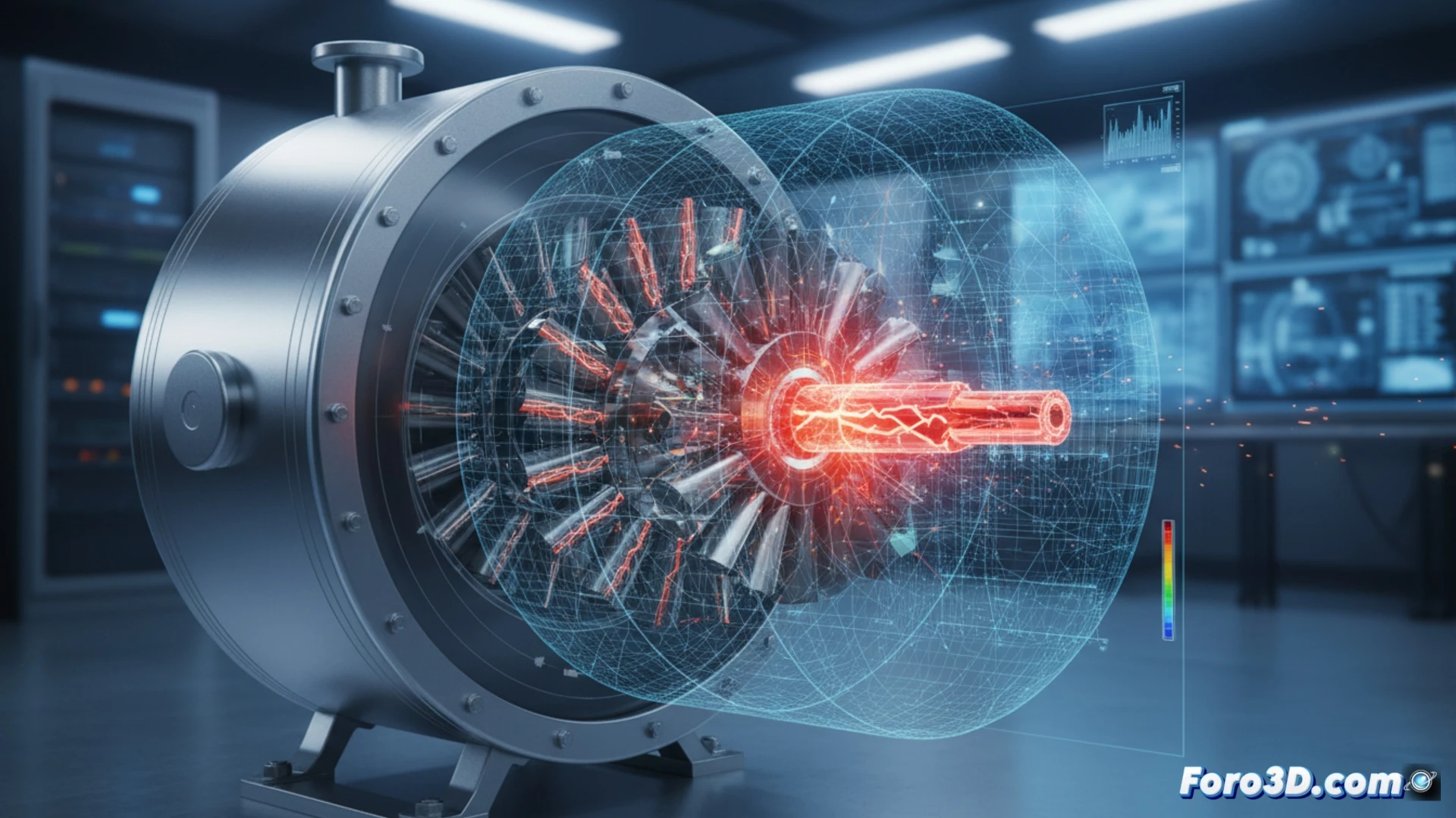Simulación 3D de fatiga en álabe de compresor mostrando grietas por carga cíclica y punto de fractura