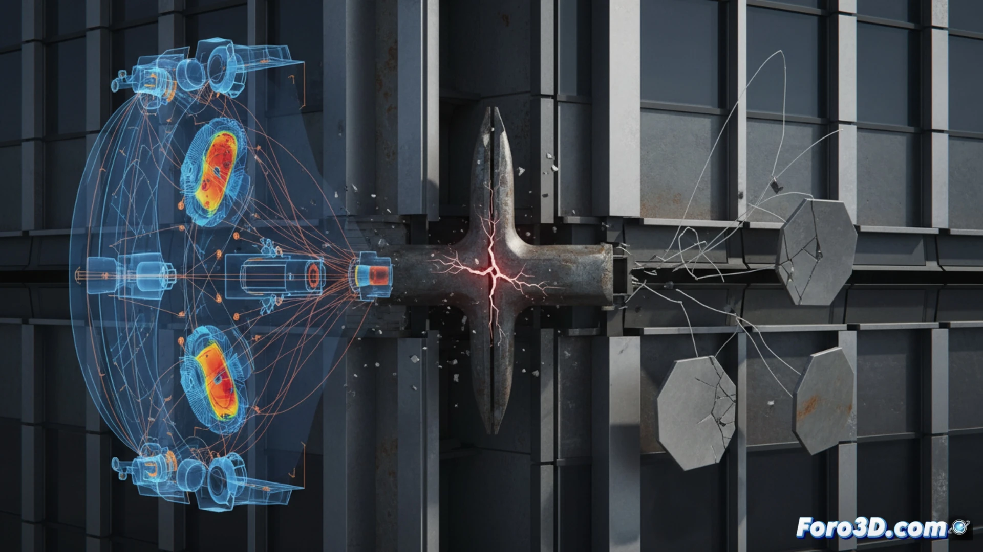 Fachada cinética en movimiento con puntos de anclaje estructural y microfisuras simuladas en 3D