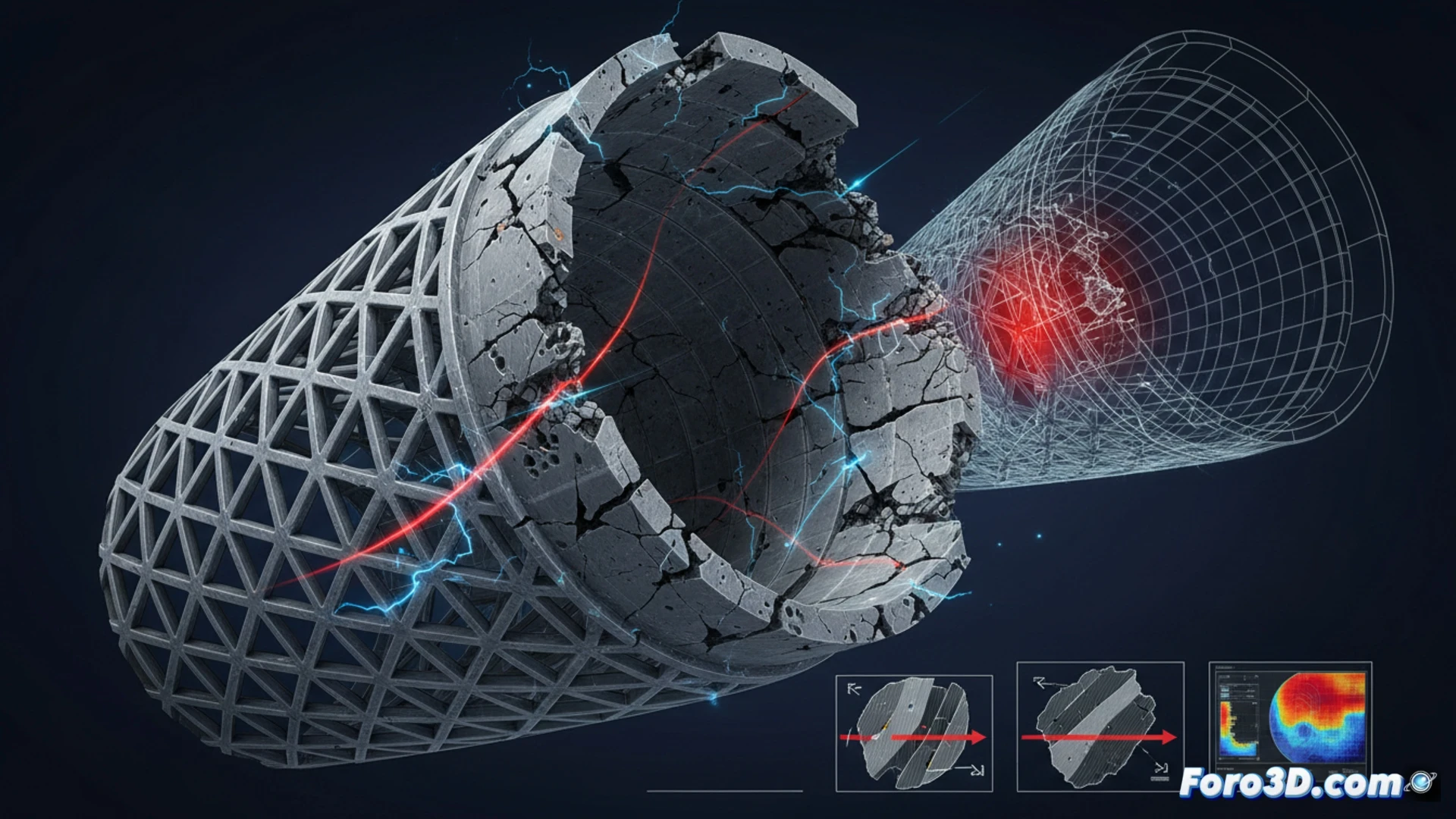 Simulación de fatiga en cohete impreso 3D mostrando grietas y concentradores de tensión en tobera