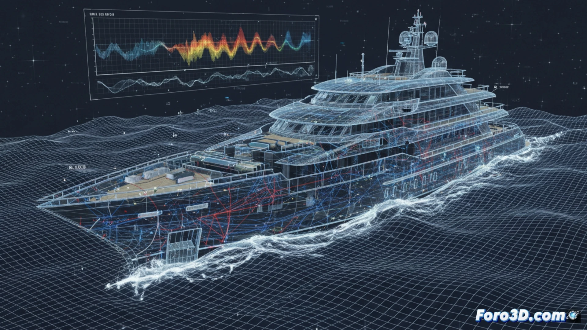 Simulación 3D de fatiga en casco de megayate mostrando grietas estructurales y deformaciones por ciclos de esfuerzo oceánico