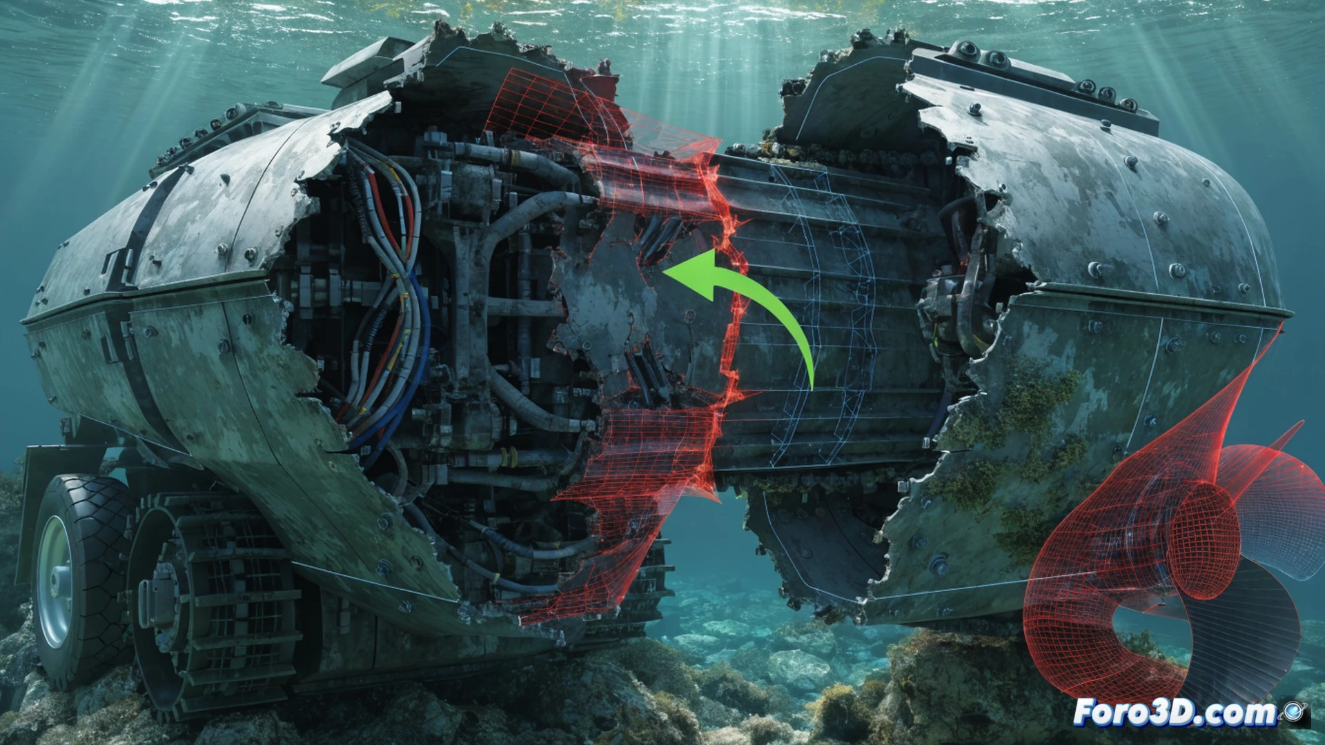 engineering visualization of a military amphibious vehicle hull cross-section, a critical seawater leak spraying through a cracked welded seam under high pressure, forensic analysis setup with CloudCompare 3D point cloud scan data overlaying the damaged metal surface, SolidWorks simulation displayed on a floating holographic monitor showing stress concentration lines and fatigue crack propagation, metallic fragments separating from the weld joint during underwater pressure testing, cinematic industrial lighting with cold blue underwater tones and warm amber workshop lights, hyper-detailed weld bead texture, corrosion patterns around the fracture zone, photorealistic technical render