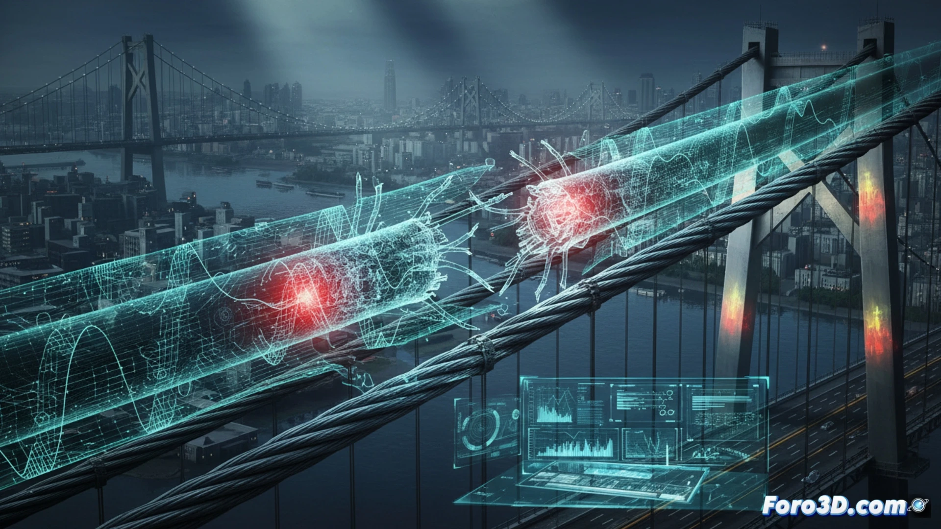 Simulación 3D de fatiga en puente muestra grietas por rotura de elástico estructural y fallo progresivo