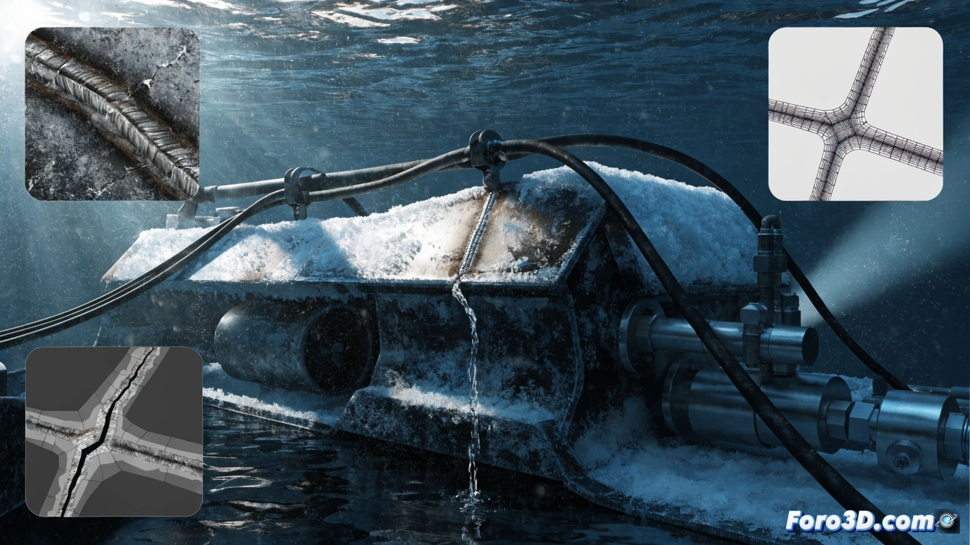 underwater view of an electric snow sled hull with a catastrophic crack along a welded seam, water jetting inward through the fatigue fracture, a 3D CAD model of the weld joint displayed on a floating holographic screen beside the hull, a digital caliper measuring crack length, engineering forensic analysis scene, metallic blue hull surface, rust-colored crack edges, bright workshop lighting from above, bubbles and water particles scattering light, photorealistic technical illustration, ultra-detailed aluminum texture, dramatic contrast between dry interior and flooding water