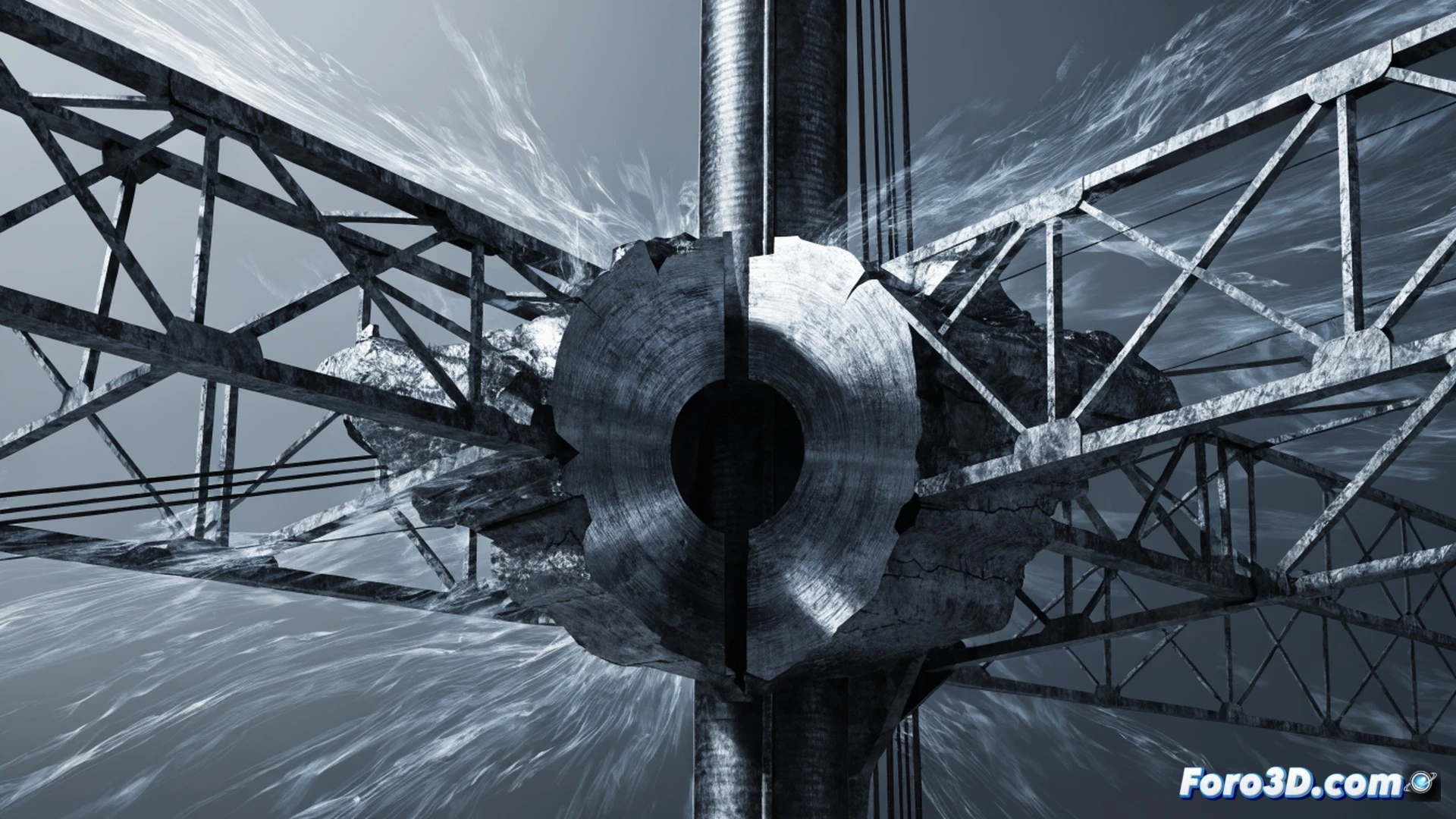 photorealistic engineering visualization of a tower crane jib failure mechanism, close-up on a fractured steel pin connector at the counter-jib joint, visible fatigue crack propagation lines across the metal surface, wind gusts indicated by dynamic motion blur on the crane structure and nearby debris particles, stress concentration zones highlighted with subtle red thermal gradients on the metal, broken pin half dangling with jagged fracture face, surrounding bolted connection plates showing minor rust and wear, dramatic overcast sky lighting, ultra-detailed metallic textures, cinematic depth of field emphasizing the critical failure point, technical illustration style with precise mechanical detail