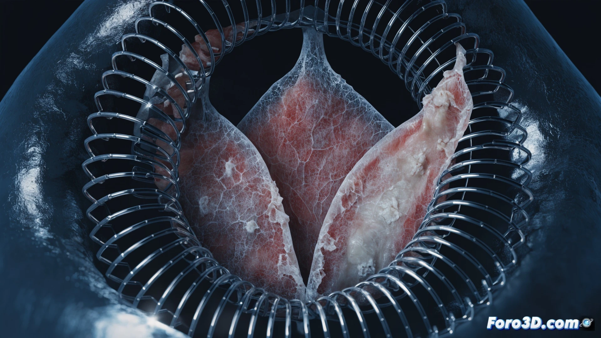 stent de válvula aórtica expandido asimétricamente dentro de un modelo de raíz aórtica translúcido, velos biológicos mostrando pliegues y deformaciones desiguales durante el cierre, líneas de tensión visibles en rojo sobre el tejido mientras el flujo sanguíneo simulado pasa por la zona de fuga paravalvular, engineering visualization con corte transversal, software de simulación FEA con malla de elementos finitos sobre la estructura metálica, iluminación de laboratorio con sombras marcadas, textura realista de pericardio bovino, render fotorrealista técnico