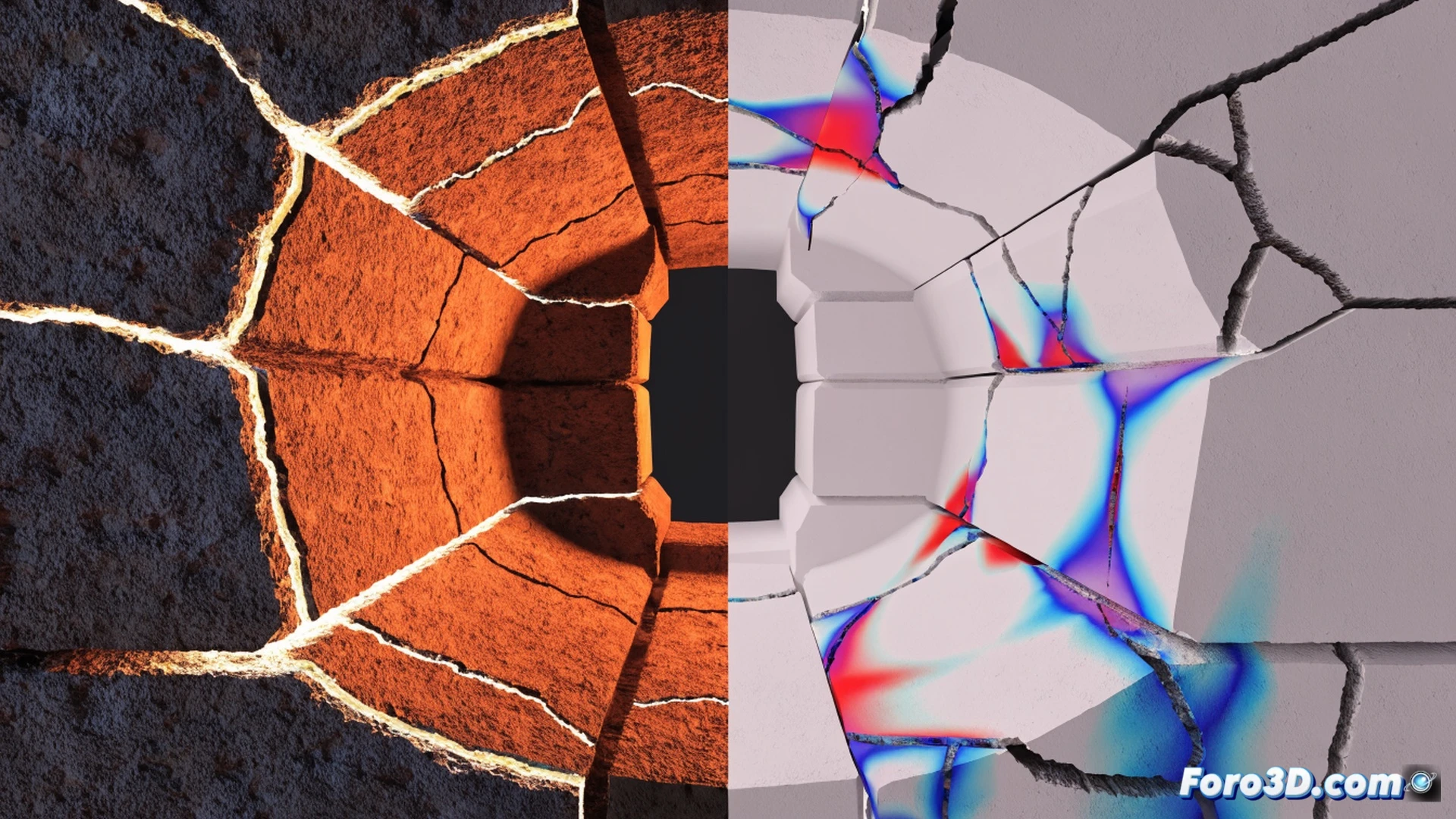 industrial furnace refractory lining failure analysis, technician scanning cracked brick surface with handheld 3D scanner while digital twin model rotates on monitor showing finite element stress heat map, red-hot interior glow through gap, Pix4D photogrammetry processing interface visible on secondary screen, Abaqus simulation overlay with fracture propagation lines, dramatic workshop lighting with orange furnace ambient glow, technical engineering visualization style, ultra-detailed brick texture with thermal discoloration and spalling, photorealistic industrial render