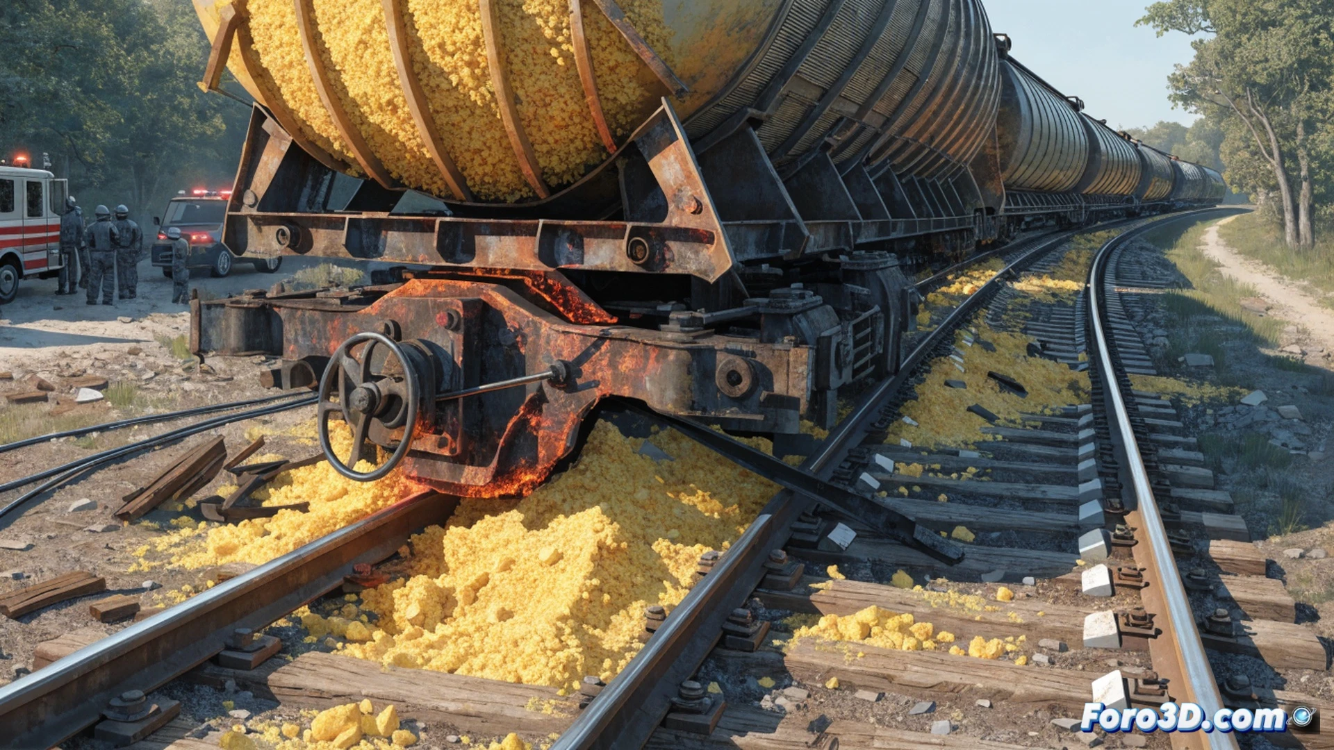 estilo cinematográfico técnico, vista en primer plano del bogie central de un tren de carga descarrilado, rueda de acero con grietas por fatiga térmica irradiando calor rojo anaranjado, freno de mano bloqueado visible bajo el chasis, superficie metálica deformada por sobrecalentamiento, rieles torcidos y grava esparcida, humo ligero elevándose del conjunto, iluminación industrial dramática con focos de emergencia al fondo, texturas de óxido y desgaste, render fotorrealista de ingeniería forense