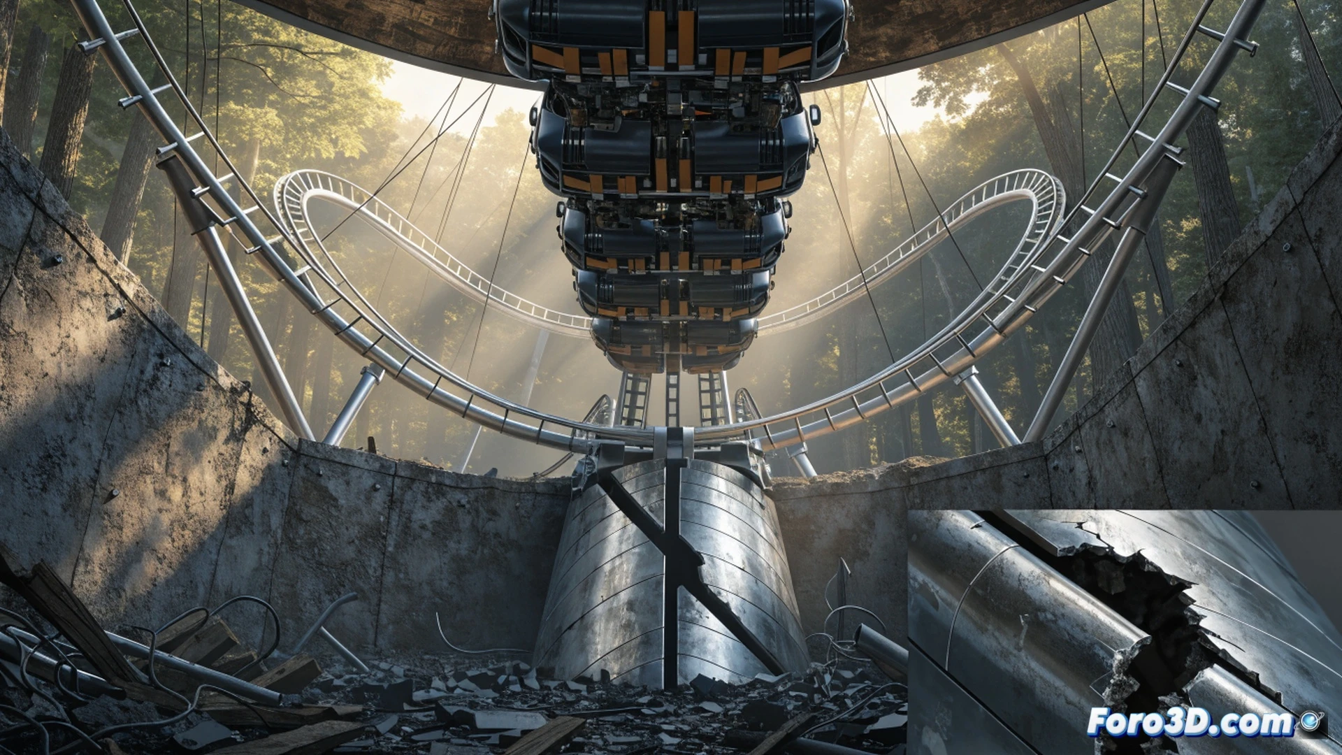 inverted roller coaster train hanging from twisted track during load test, close-up on chassis safety notch showing visible torsional fatigue crack, metallic fracture surface with crystalline texture, orange-peel roughness around crack initiation zone, Artec Studio 3D scanner positioned nearby projecting structured light onto damaged area, Simpack simulation data overlay with stress concentration contours in red and orange, maintenance platform with tools and inspection equipment, dramatic industrial lighting casting sharp shadows, photorealistic engineering visualization, ultra-detailed metal grain structure, cinematic depth of field emphasizing failure point