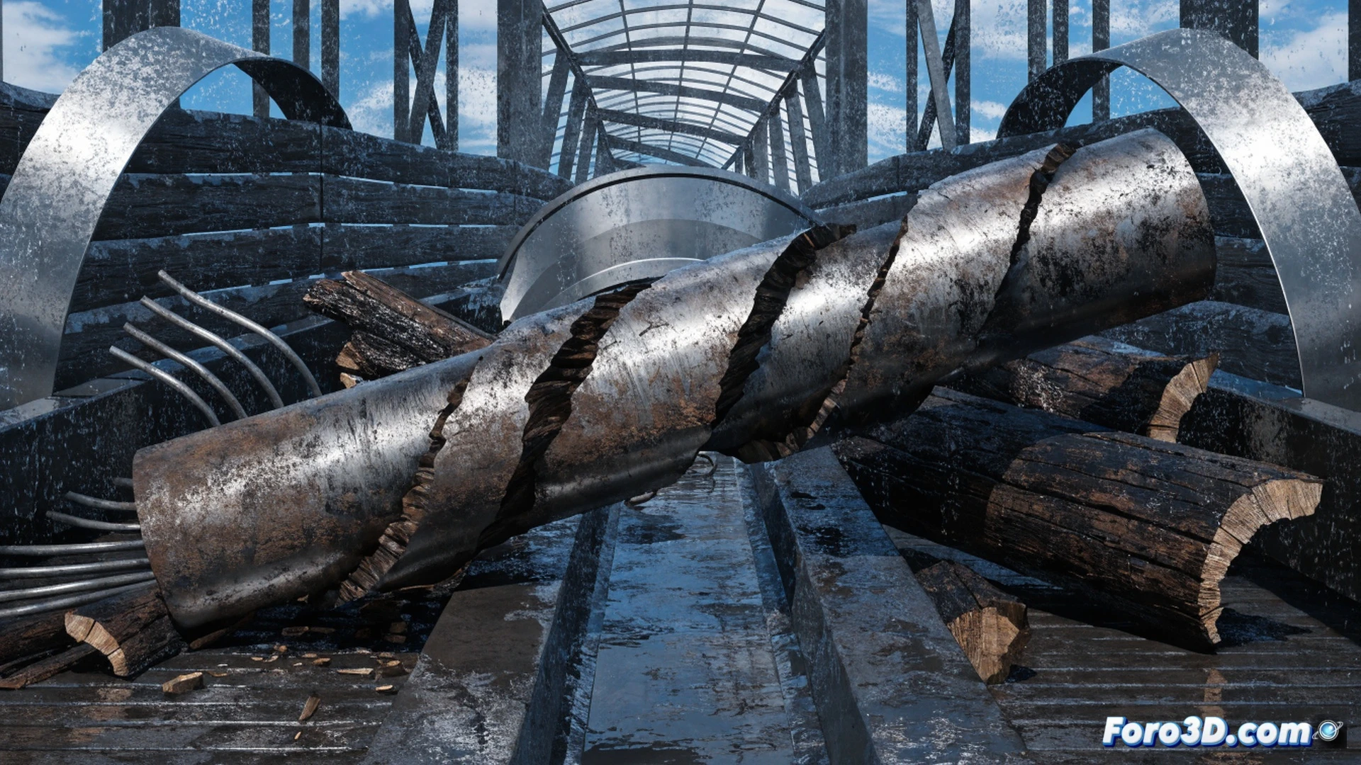 Engineering visualization of a water log flume ride braking zone, a fractured axle shaft from the guide wheel assembly displayed in cross-section, visible torsional fatigue crack propagation lines on the fractured metal surface, a wheel hub with missing roller bearings scattered on wet concrete, brake pads with uneven wear patterns, a laptop screen showing dynamic load simulation software with red stress concentration zones highlighted on the axle model, water spray droplets frozen in mid-air around the braking mechanism, cinematic lighting from above casting sharp shadows on the mechanical failure scene, photorealistic technical illustration, ultra-detailed metal grain structure, industrial safety warning yellow and black stripes in background