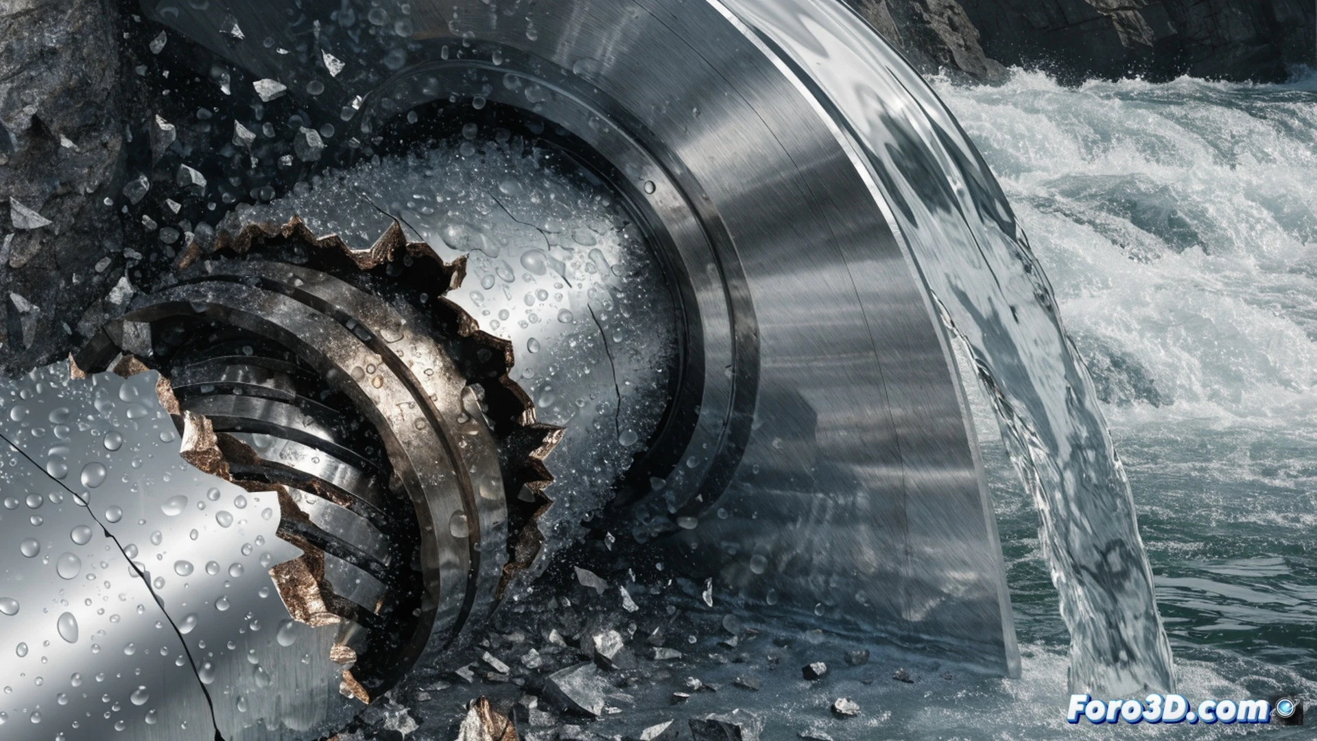 cross-section view of a roller drive shaft inside a water-filled artificial rapids system, fatigue cracks initiating at the shaft surface under wet torsional load, water droplets condensing on metallic grain boundaries while cyclic torque arrows show stress direction, engineering visualization with cutaway revealing internal microcrack propagation, realistic corrosion stains on fracture surface, stainless steel shaft with polished break zone, dark industrial water channel background, dramatic side lighting highlighting crack growth, photorealistic technical illustration
