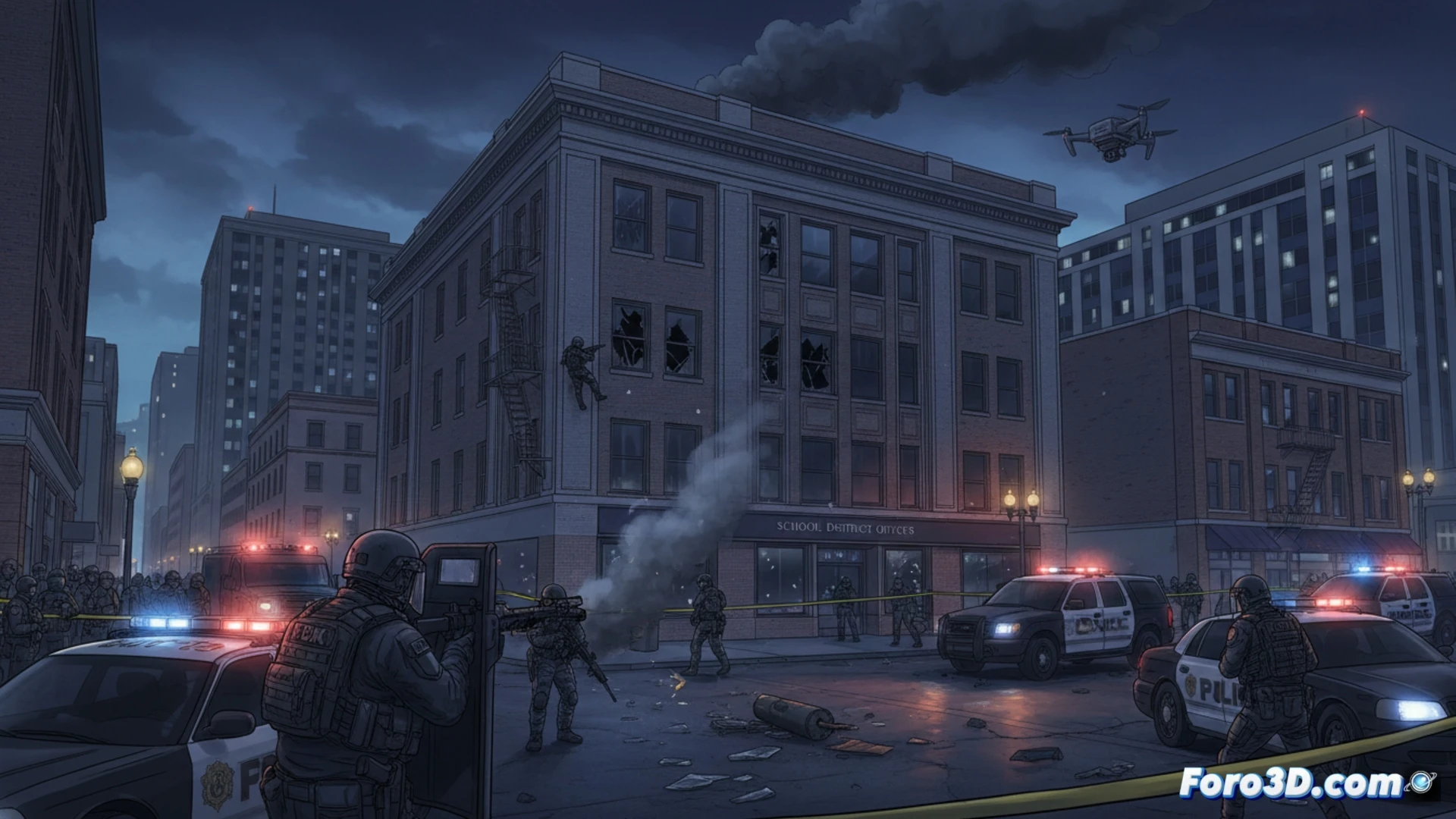 FBI tactical operation at night, armed suspect barricaded inside bank building with shattered glass door, SWAT team breaching entrance with ballistic shields and flashbang grenades, armored vehicle with mounted floodlights illuminating scene, police cruisers blocking street with flashing red-blue lights, yellow caution tape and evacuation signs, helicopter spotlight overhead, tense hostage rescue moment, cinematic photorealistic style, dramatic chiaroscuro lighting, smoke haze, ultra-detailed tactical gear and building facade, motion blur on agents advancing